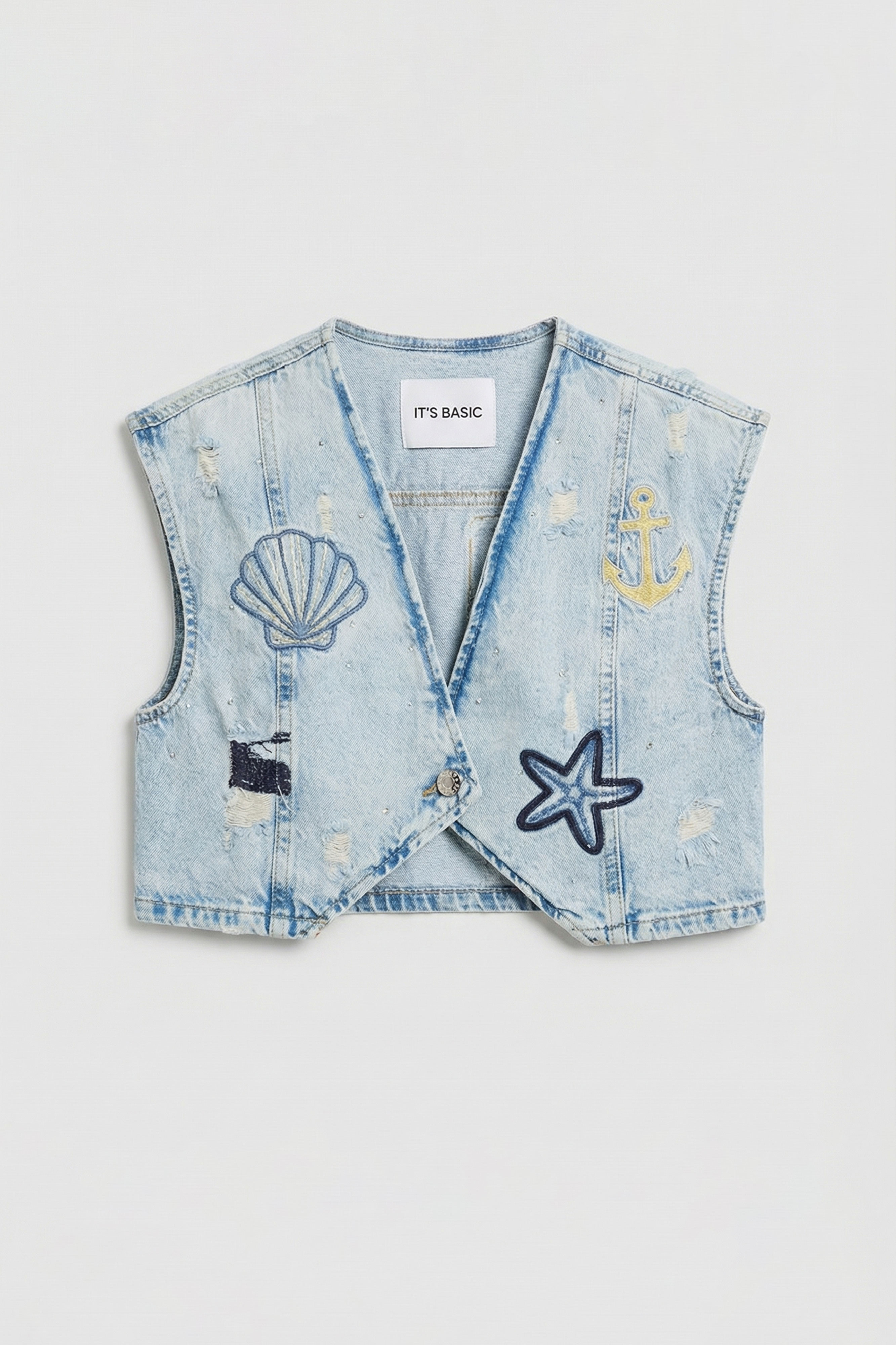 It's Basic Kadın Jean Rengi T-12s6-99 Nakış Detaylı Crop Fit Tasarım Denim Yelek