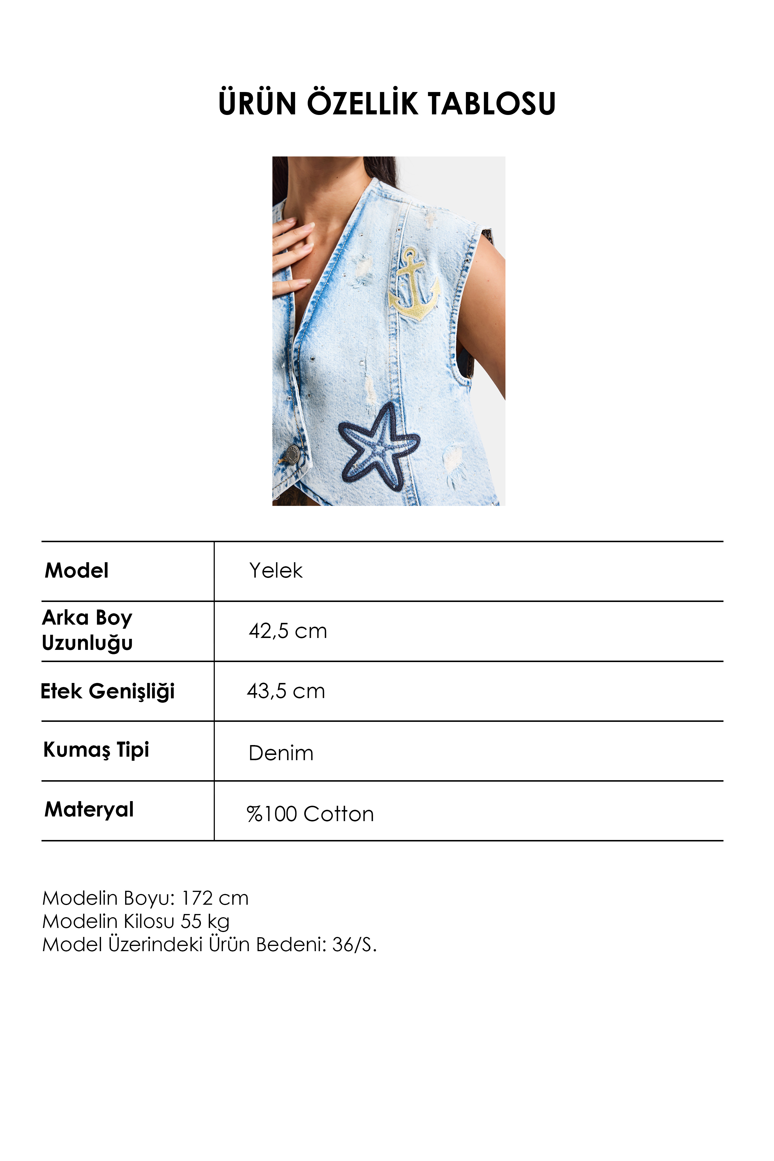 It's Basic Kadın Jean Rengi T-12s6-99 Nakış Detaylı Crop Fit Tasarım Denim Yelek görsel 5