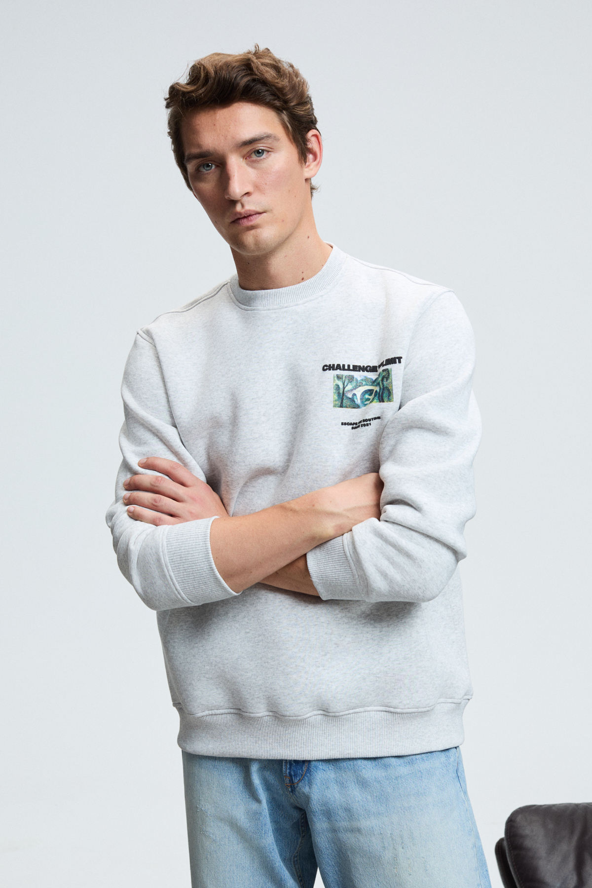 GRIMELANGE ALARIC Erkek Yuvarlak Yaka Önü Baskılı Regular Fit GRİ MELANJ Sweatshirt