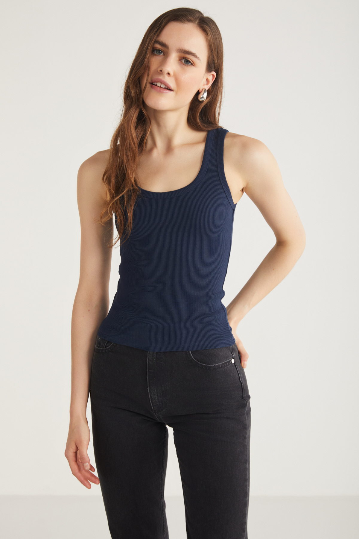 ETHIQUET LILLESOL Kadın Fitilli Görünümlü Slim Fit Vücuda Oturan Havuz Yakalı Pamuklu Basic LACİVERT Atlet