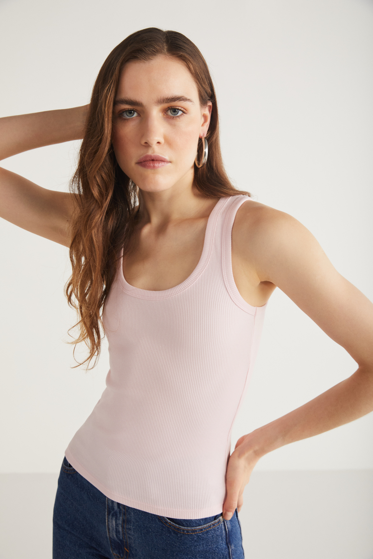 ETHIQUET LILLESOL Kadın Fitilli Görünümlü Slim Fit Vücuda Oturan Havuz Yakalı Pamuklu Basic PEMBE Atlet
