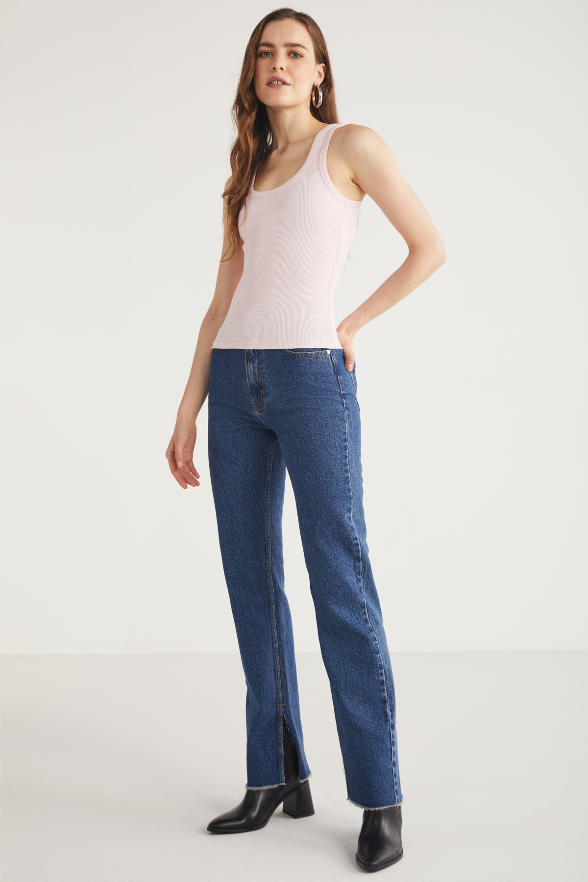 ETHIQUET LILLESOL Kadın Fitilli Görünümlü Slim Fit Vücuda Oturan Havuz Yakalı Pamuklu Basic PEMBE Atlet görsel 3