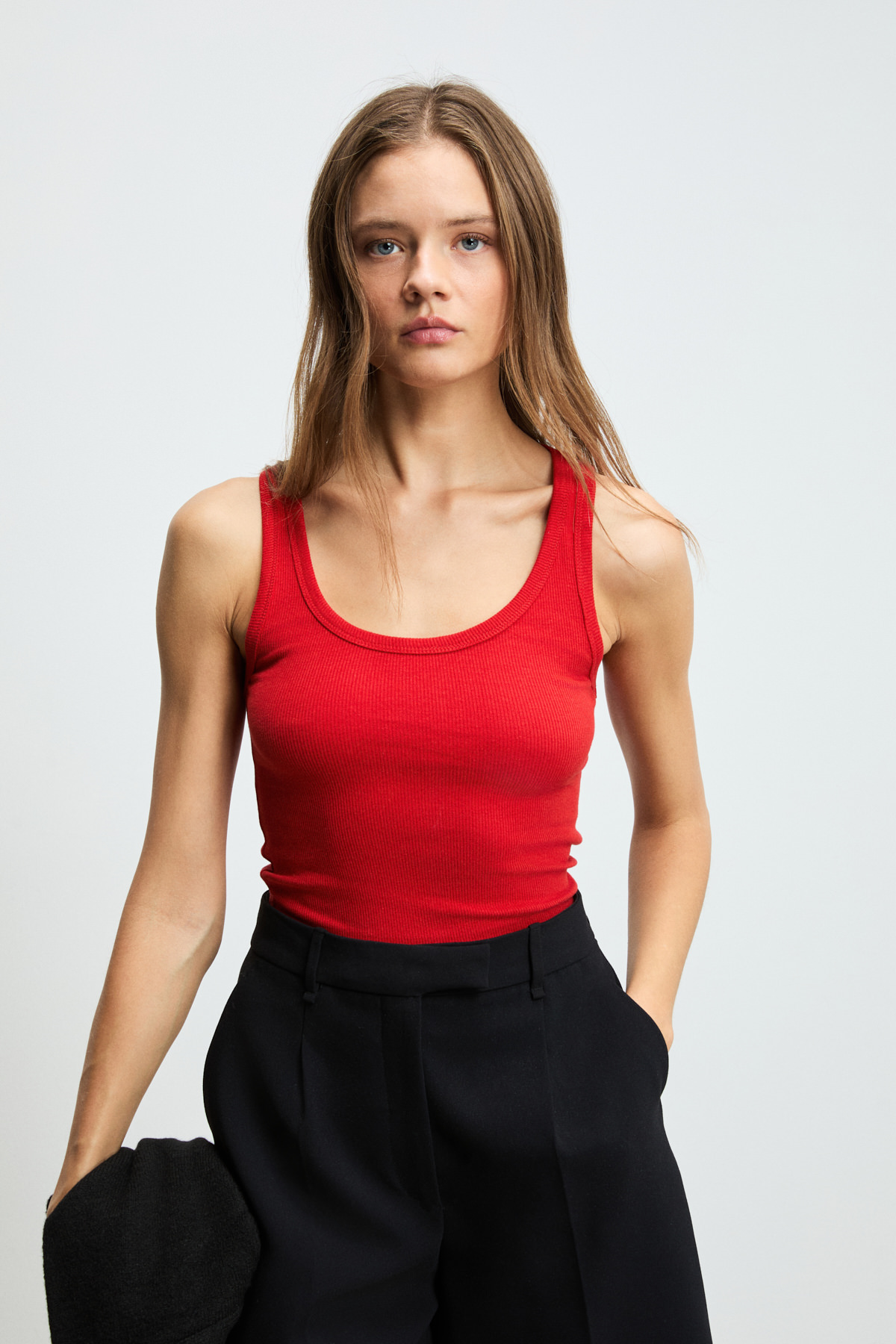 ETHIQUET LILLESOL Kadın Fitilli Görünümlü Slim Fit Vücuda Oturan Havuz Yakalı Pamuklu Basic KIRMIZI Atlet