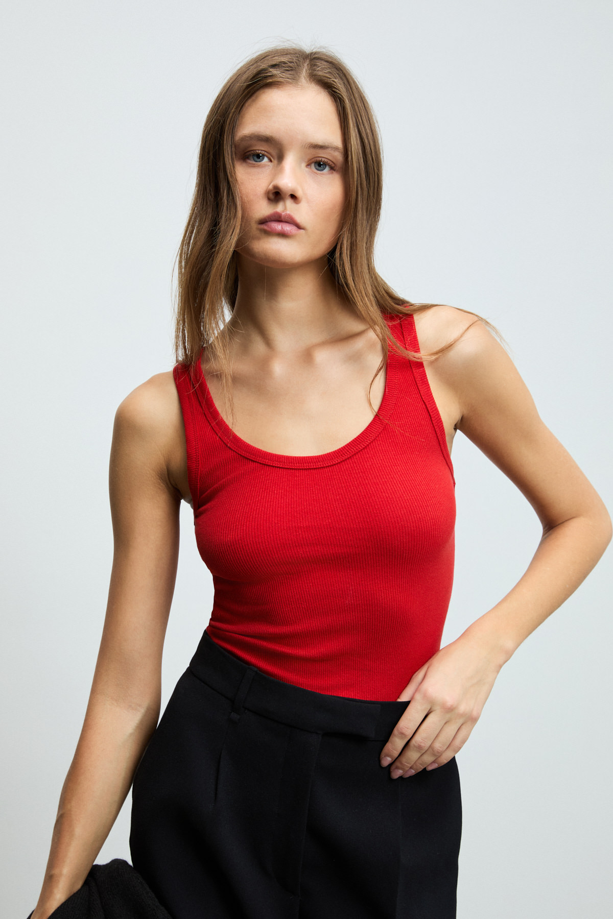 ETHIQUET LILLESOL Kadın Fitilli Görünümlü Slim Fit Vücuda Oturan Havuz Yakalı Pamuklu Basic KIRMIZI Atlet görsel 2