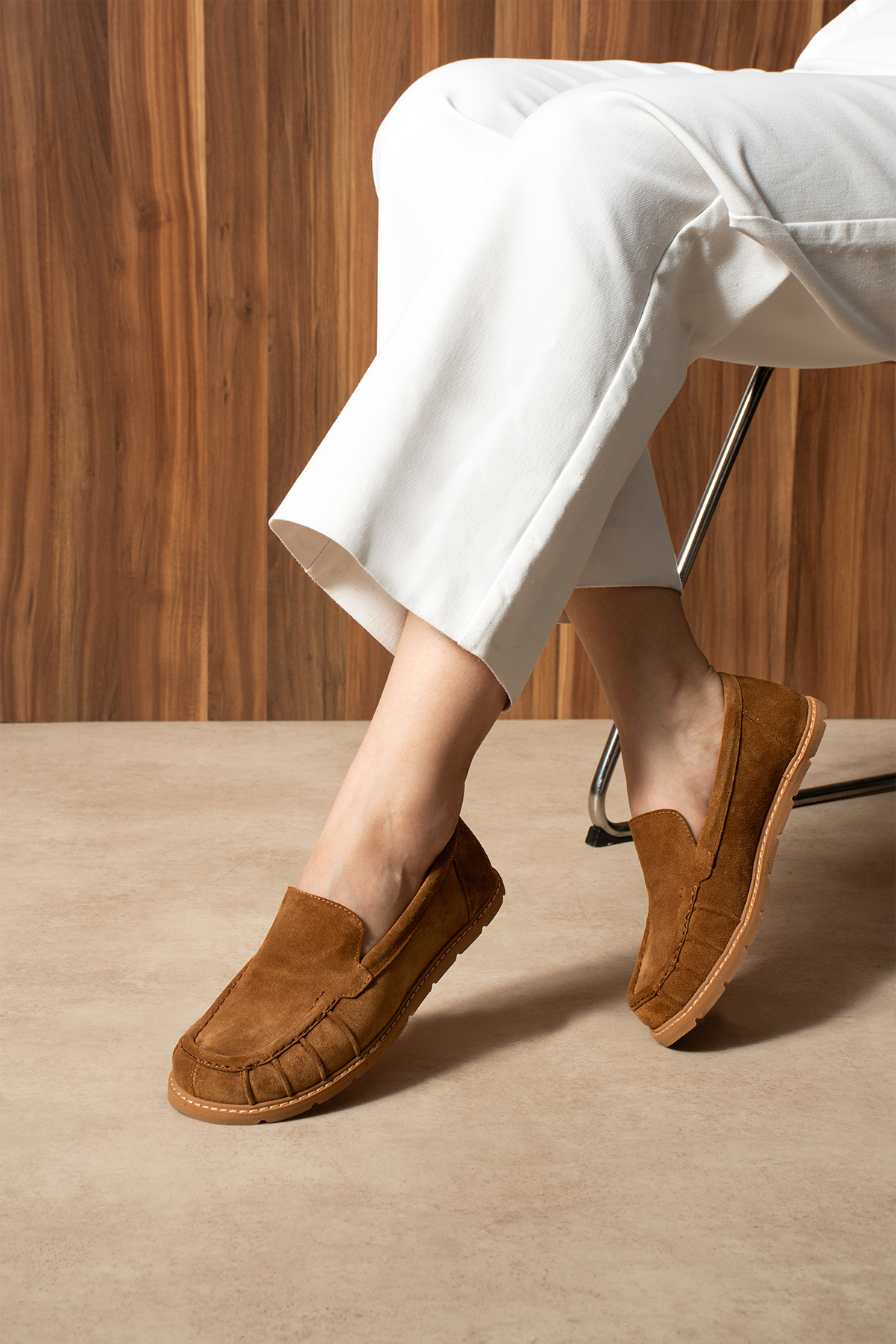 DUXAL SHOES Eliza Hakiki Deri Kadın Süet Mokasen Düz Taban Günlük Ayakkabı görsel 6