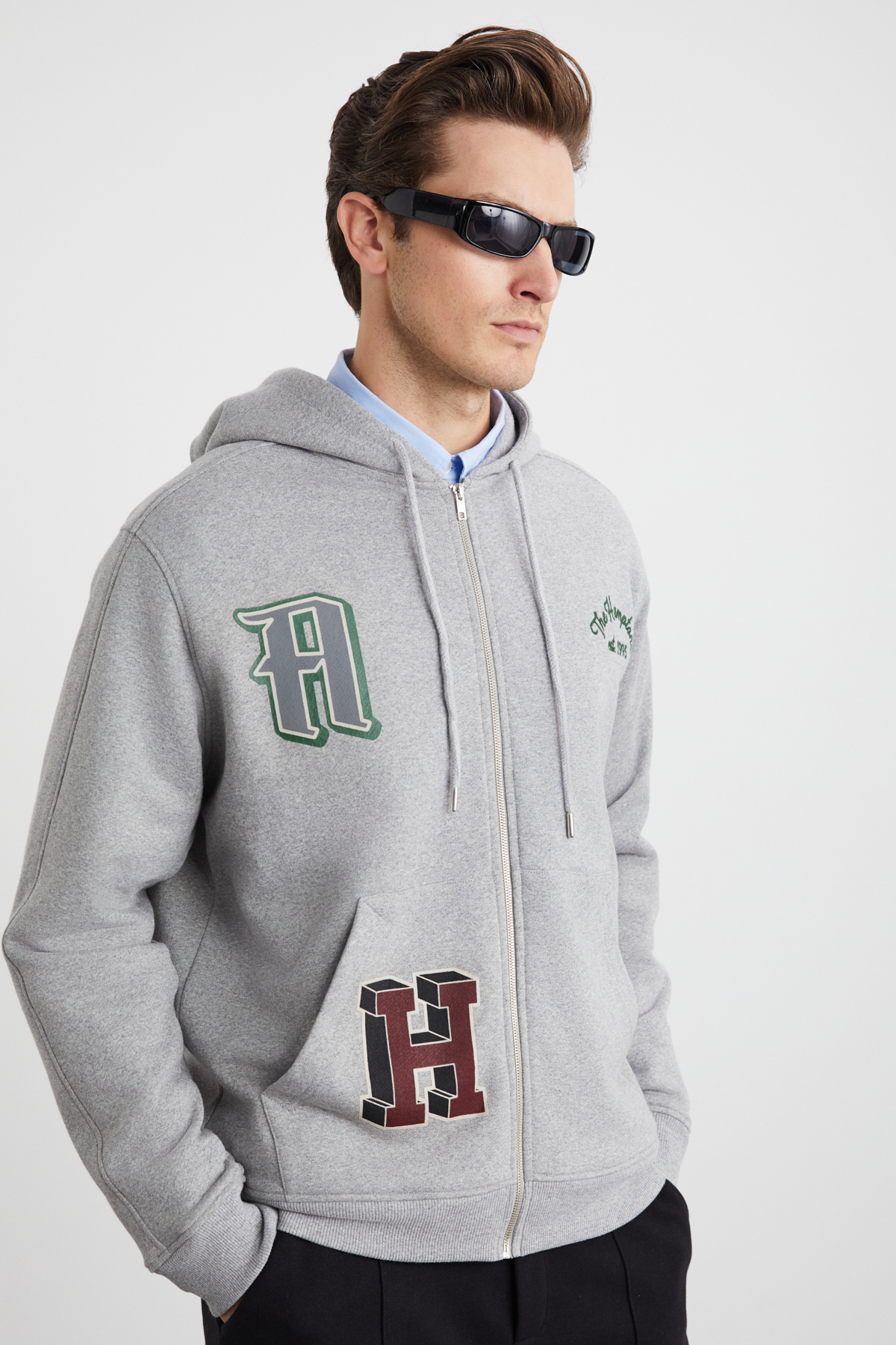 GRIMELANGE ALPHABET Erkek Pamuklu Önü Baskılı Kapüşonlu Kordon Detaylı Fermuarlı Hırka Grimelanj Sweatshirt GRİ