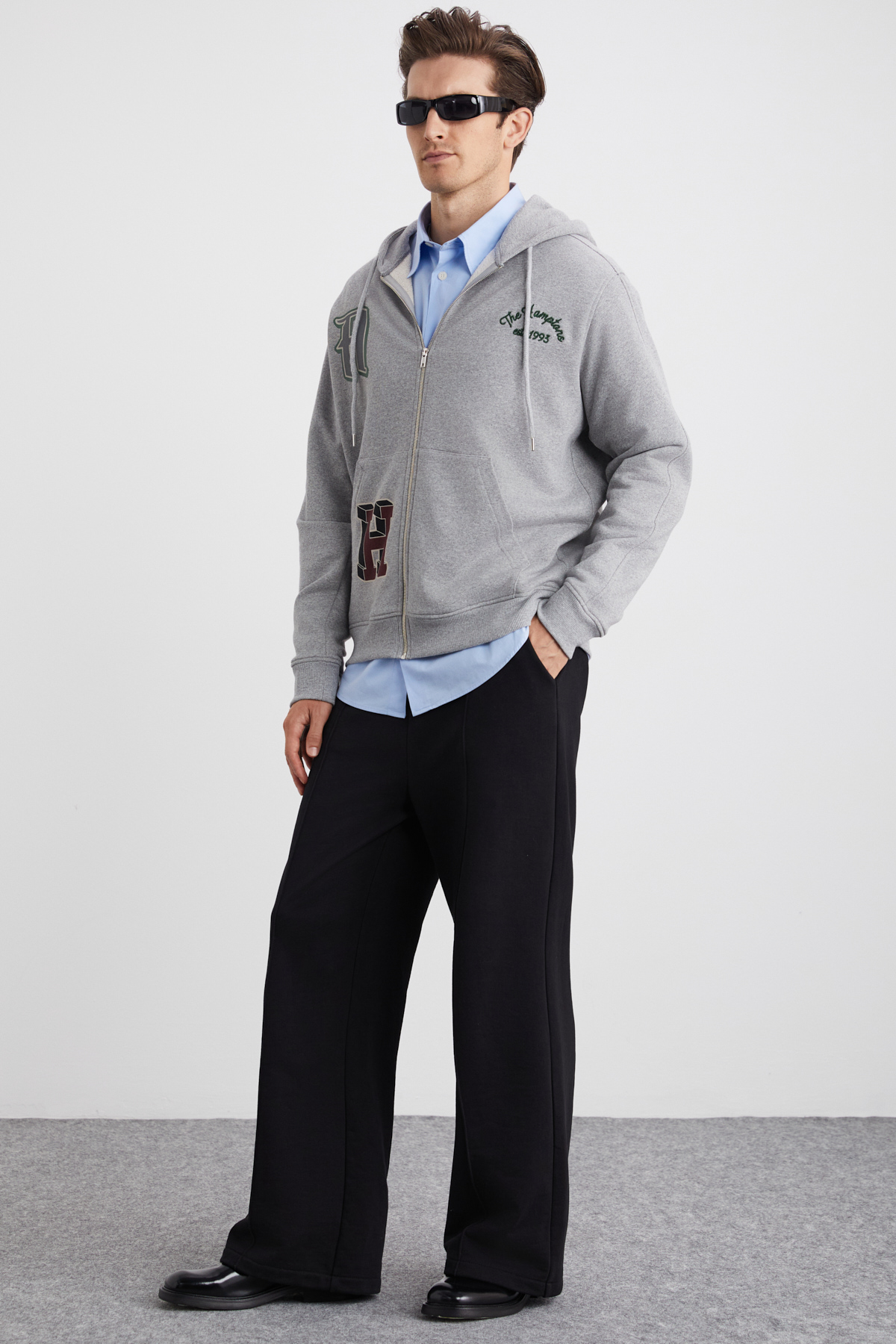 GRIMELANGE ALPHABET Erkek Pamuklu Önü Baskılı Kapüşonlu Kordon Detaylı Fermuarlı Hırka Grimelanj Sweatshirt GRİ görsel 2