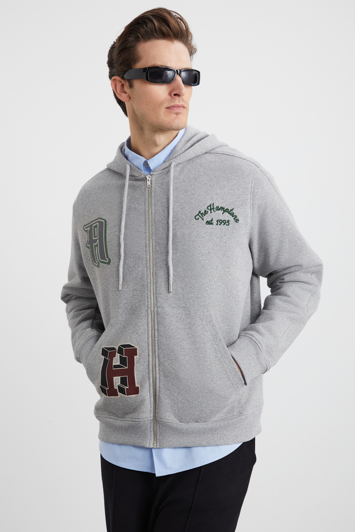 GRIMELANGE ALPHABET Erkek Pamuklu Önü Baskılı Kapüşonlu Kordon Detaylı Fermuarlı Hırka Grimelanj Sweatshirt GRİ görsel 3