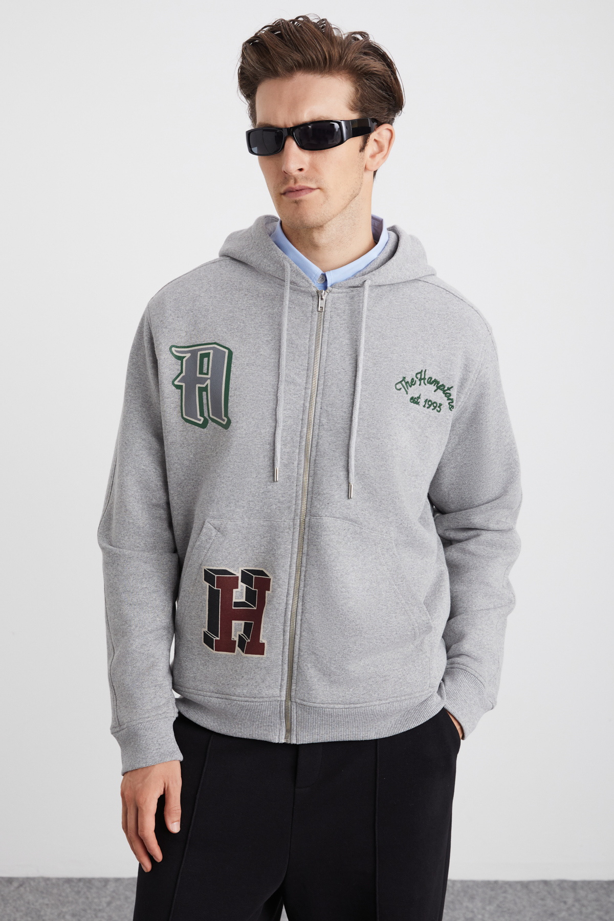 GRIMELANGE ALPHABET Erkek Pamuklu Önü Baskılı Kapüşonlu Kordon Detaylı Fermuarlı Hırka Grimelanj Sweatshirt GRİ görsel 4