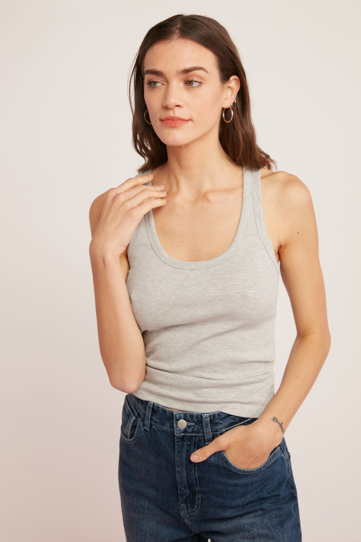 ETHIQUET LILLESOL Kadın Fitilli Görünümlü Slim Fit Vücuda Oturan Havuz Yakalı Pamuklu Basic GRİ Atlet