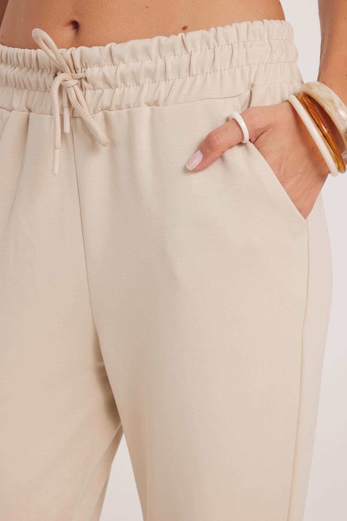 TUDORS Kadın Relax Fit Rahat Kesim Modal Kumaş Beli Bağlamalı Lastikli Jogger Taş Eşofman Altı görsel 3