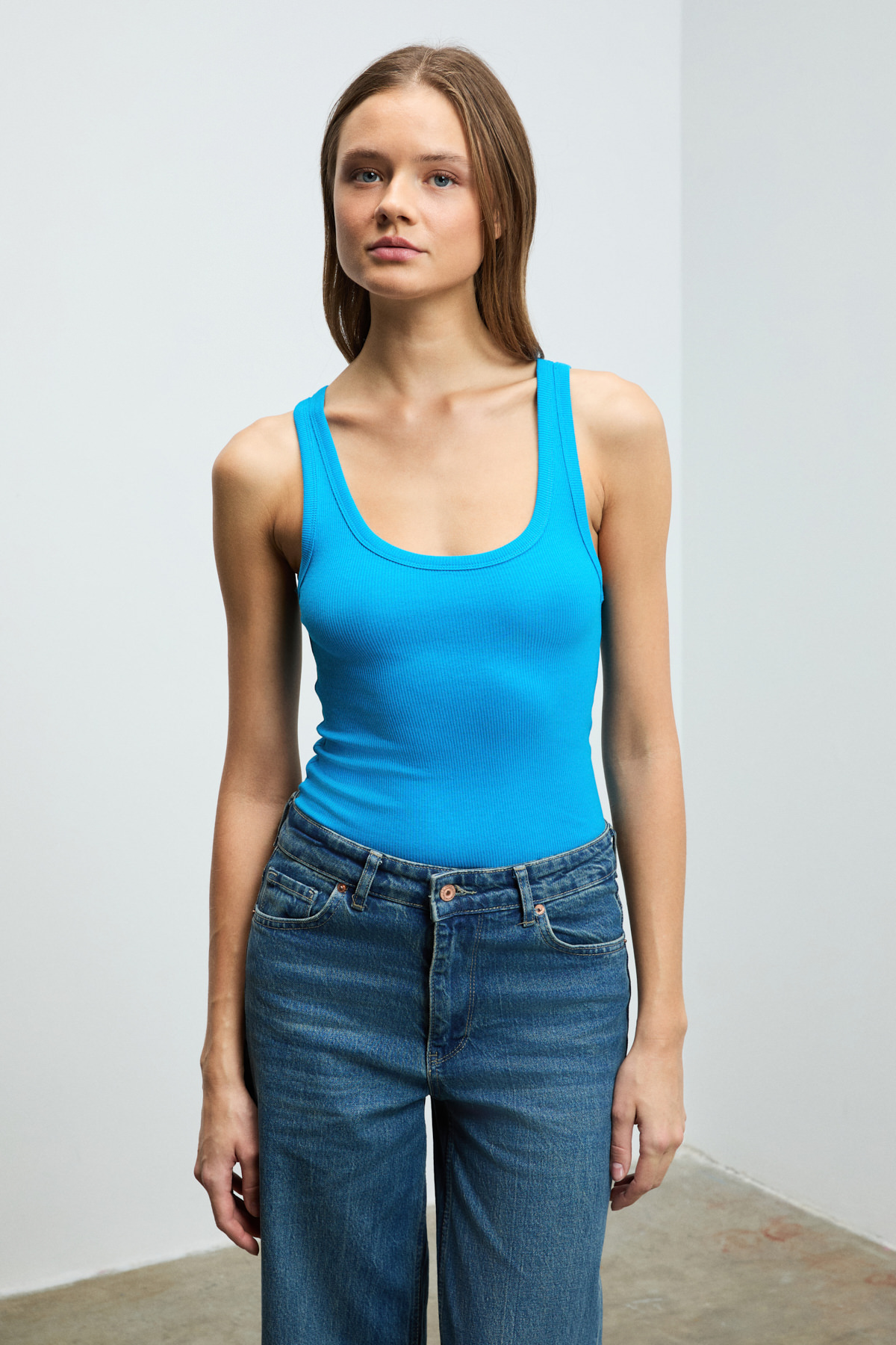 ETHIQUET LILLESOL Kadın Fitilli Görünümlü Slim Fit Vücuda Oturan Havuz Yakalı Pamuklu Basic MAVİ Atlet