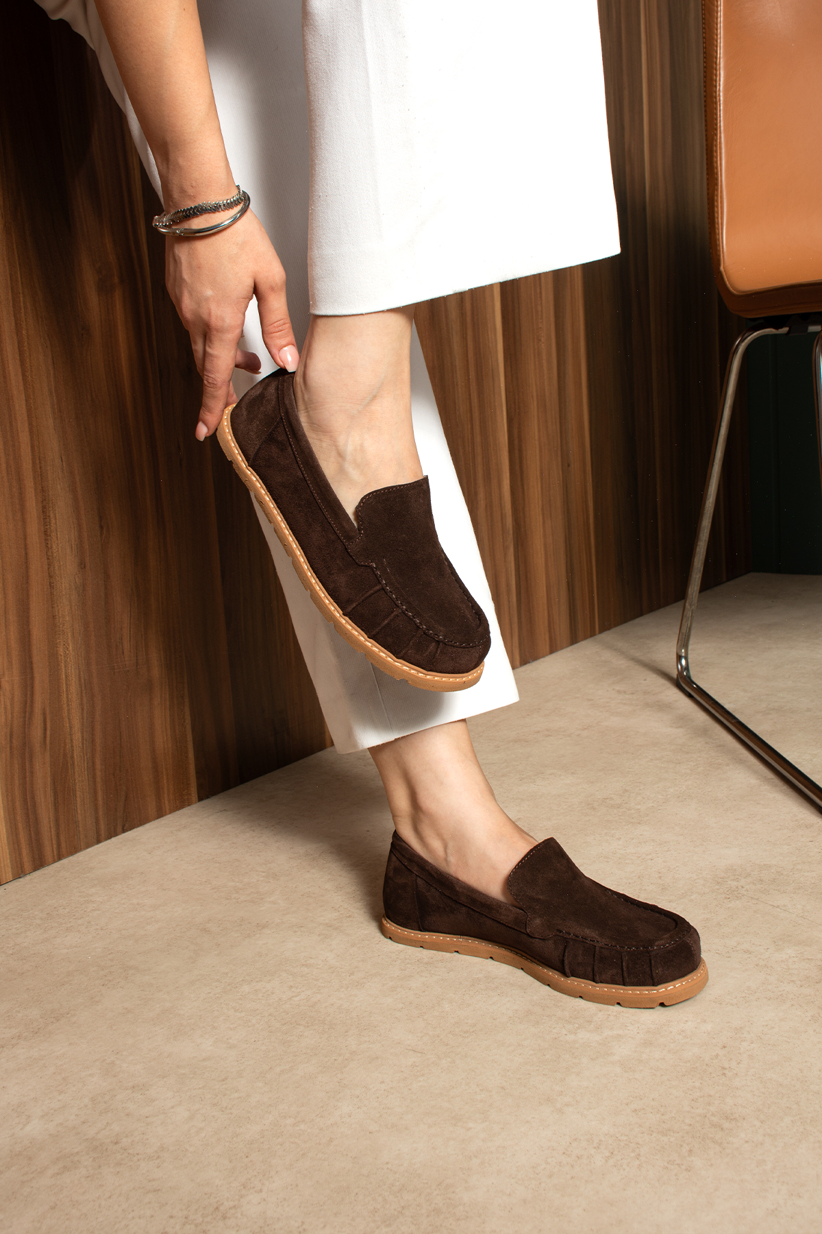 DUXAL SHOES Eliza Hakiki Deri Kadın Süet Mokasen Düz Taban Günlük Ayakkabı görsel 6