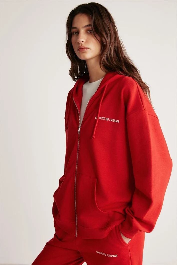 GRIMELANGE Ametıs Kadın Oversize Organik Pamuklu Metal Fermuarlı Kapüşonlu KIRMIZI Sweatshirt