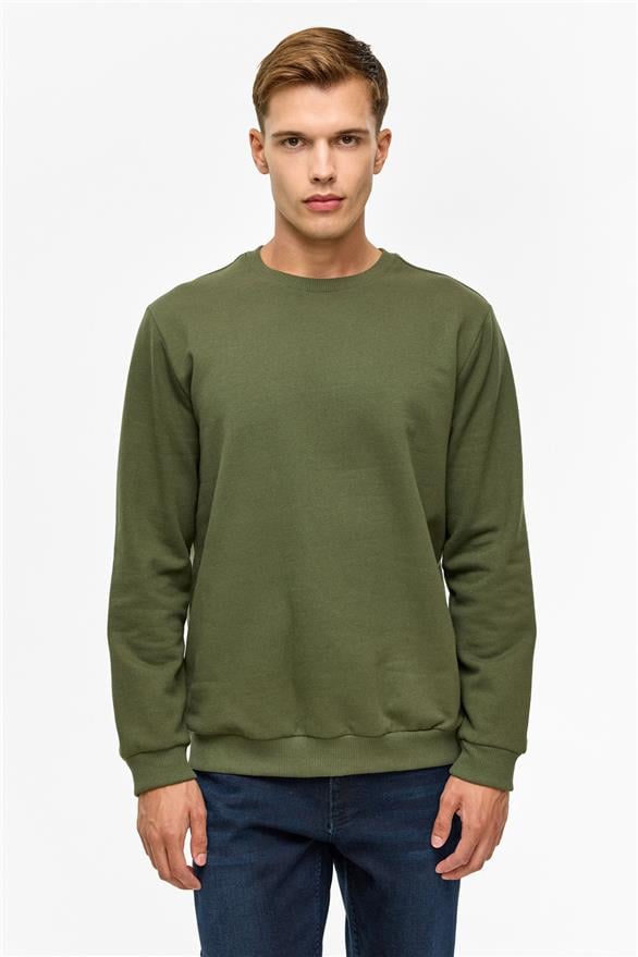 Süvari Haki Regular Düz Bisiklet Yaka Sweatshirt