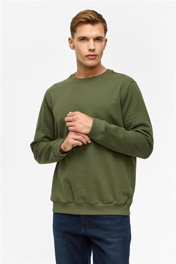 Süvari Haki Regular Düz Bisiklet Yaka Sweatshirt görsel 2