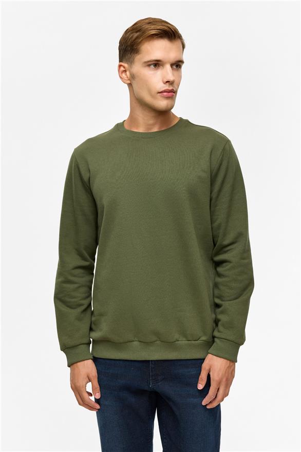 Süvari Haki Regular Düz Bisiklet Yaka Sweatshirt görsel 3