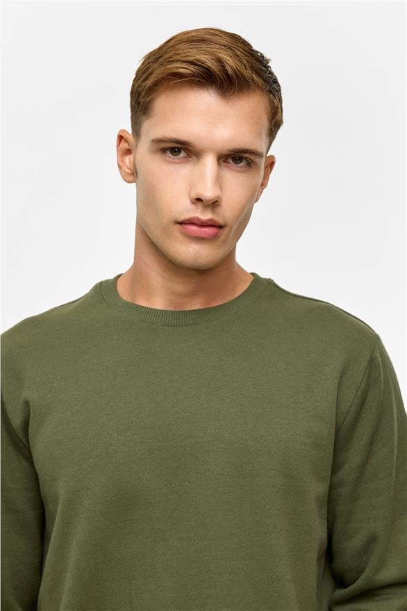 Süvari Haki Regular Düz Bisiklet Yaka Sweatshirt görsel 4