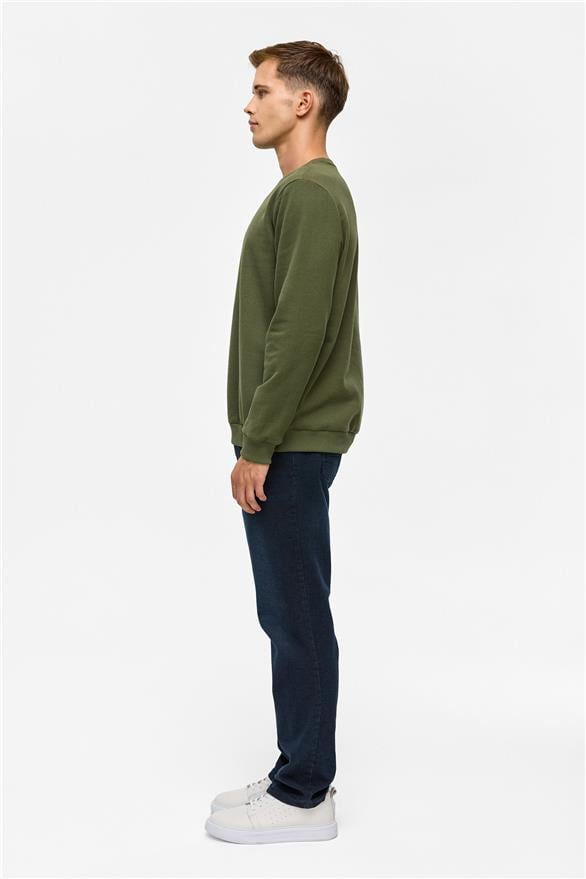 Süvari Haki Regular Düz Bisiklet Yaka Sweatshirt görsel 6
