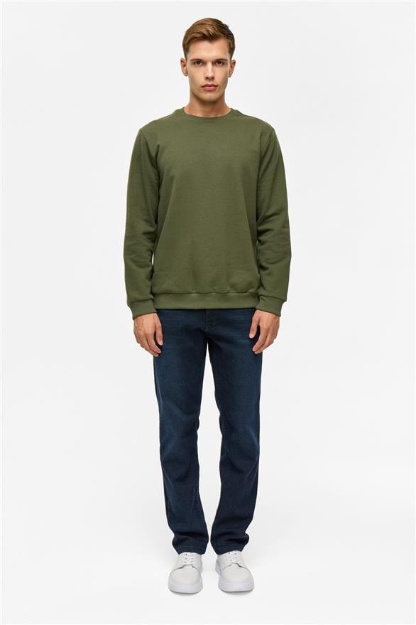 Süvari Haki Regular Düz Bisiklet Yaka Sweatshirt görsel 7