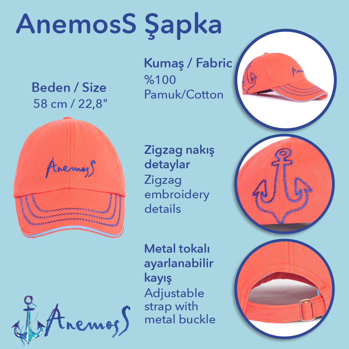 Anemoss Mercan Çapa Nakışlı Yazlık Şapka, Pamuklu, Hafif ve Nefes Alabilir Kumaş görsel 6