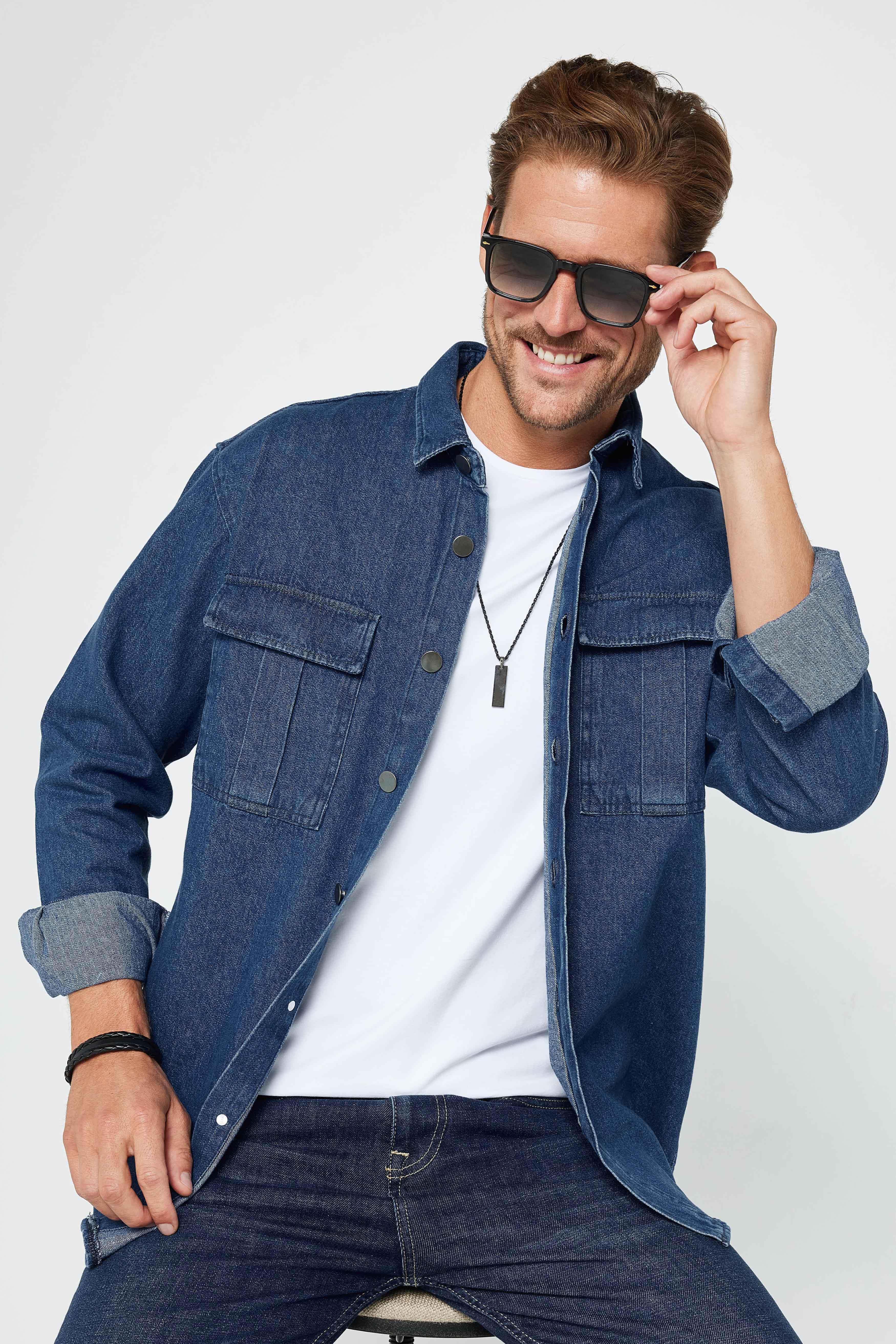 TUDORS Erkek Relax Fit Rahat Kesim Denim Çift Cepli İndigo %100 Pamuk Ceket Gömlek