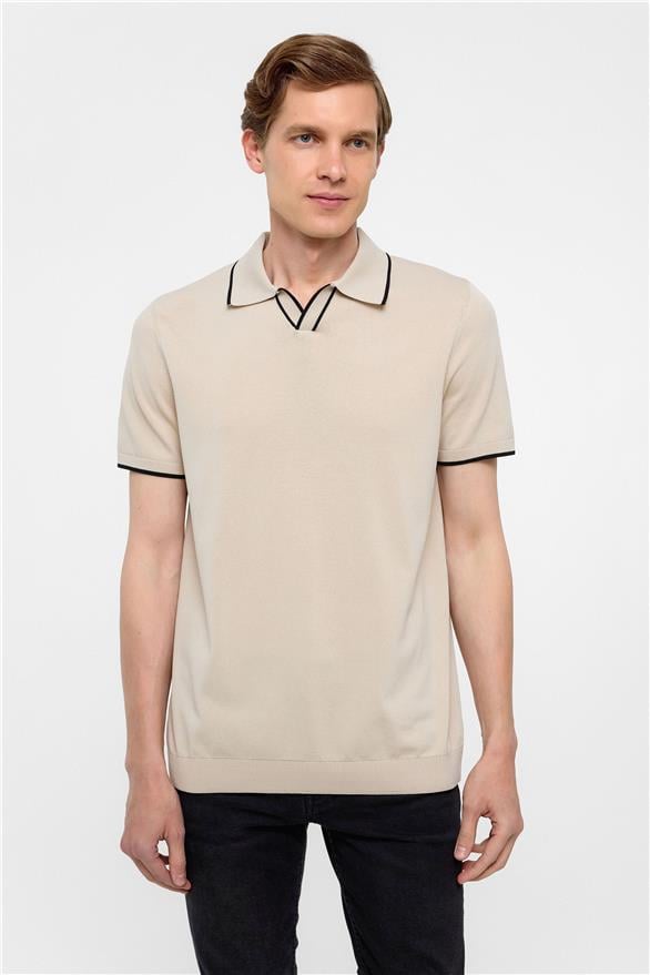 Süvari Bej Regular Düz Polo Yaka Triko