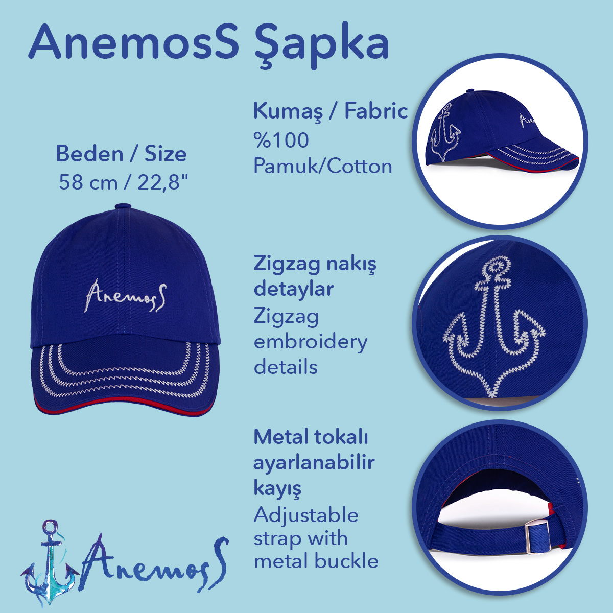 Anemoss Lacivert Çapa Nakışlı Şapka, Ayarlanabilir, Nefes Alabilir Yazlık Spor Şapka görsel 6