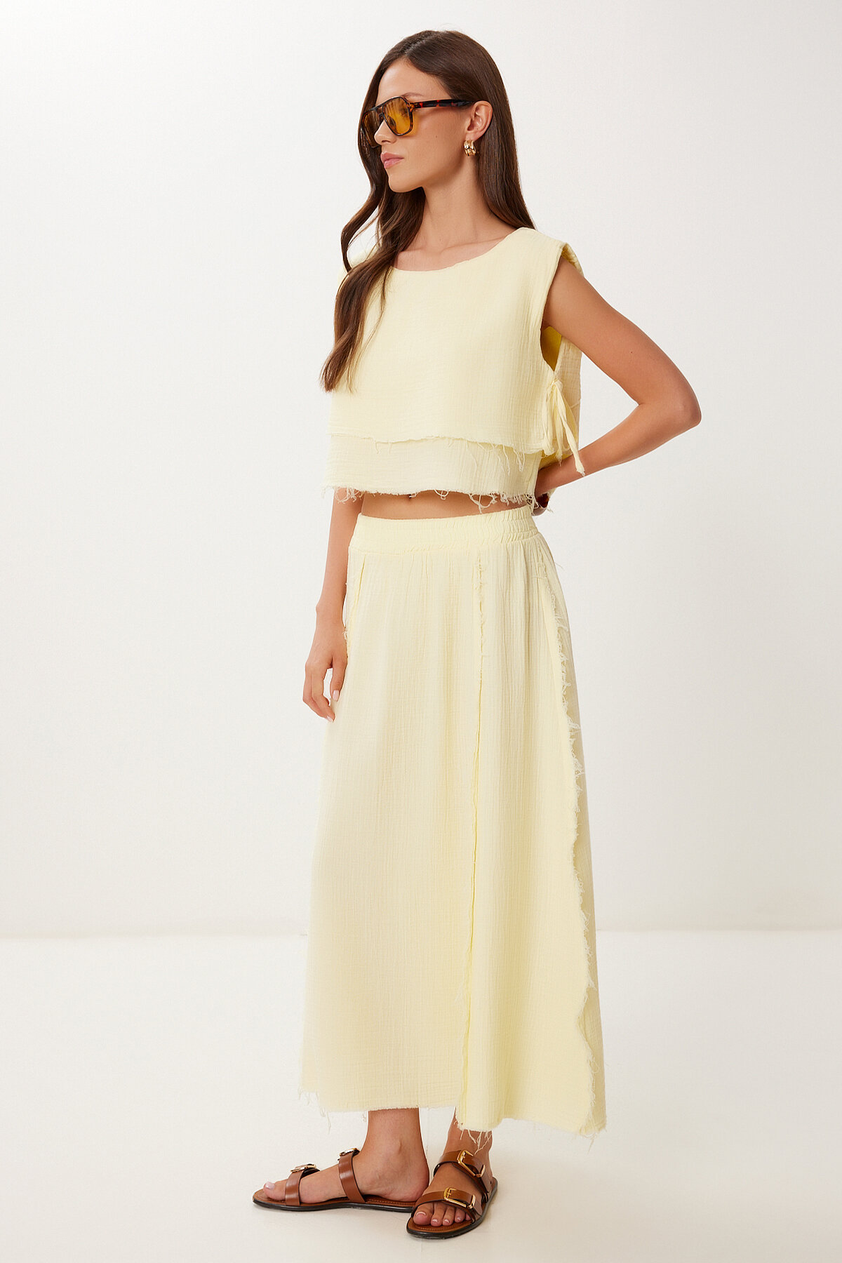 Happiness İstanbul Müslin Bluz Etek Takım SARI LGP0013 görsel 2