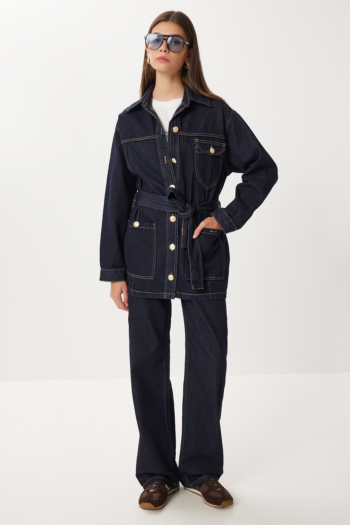 Happiness İstanbul Gold Düğmeli Kuşaklı Denim Ceket Pantolon Takım KOYU MAVİ LRI0010