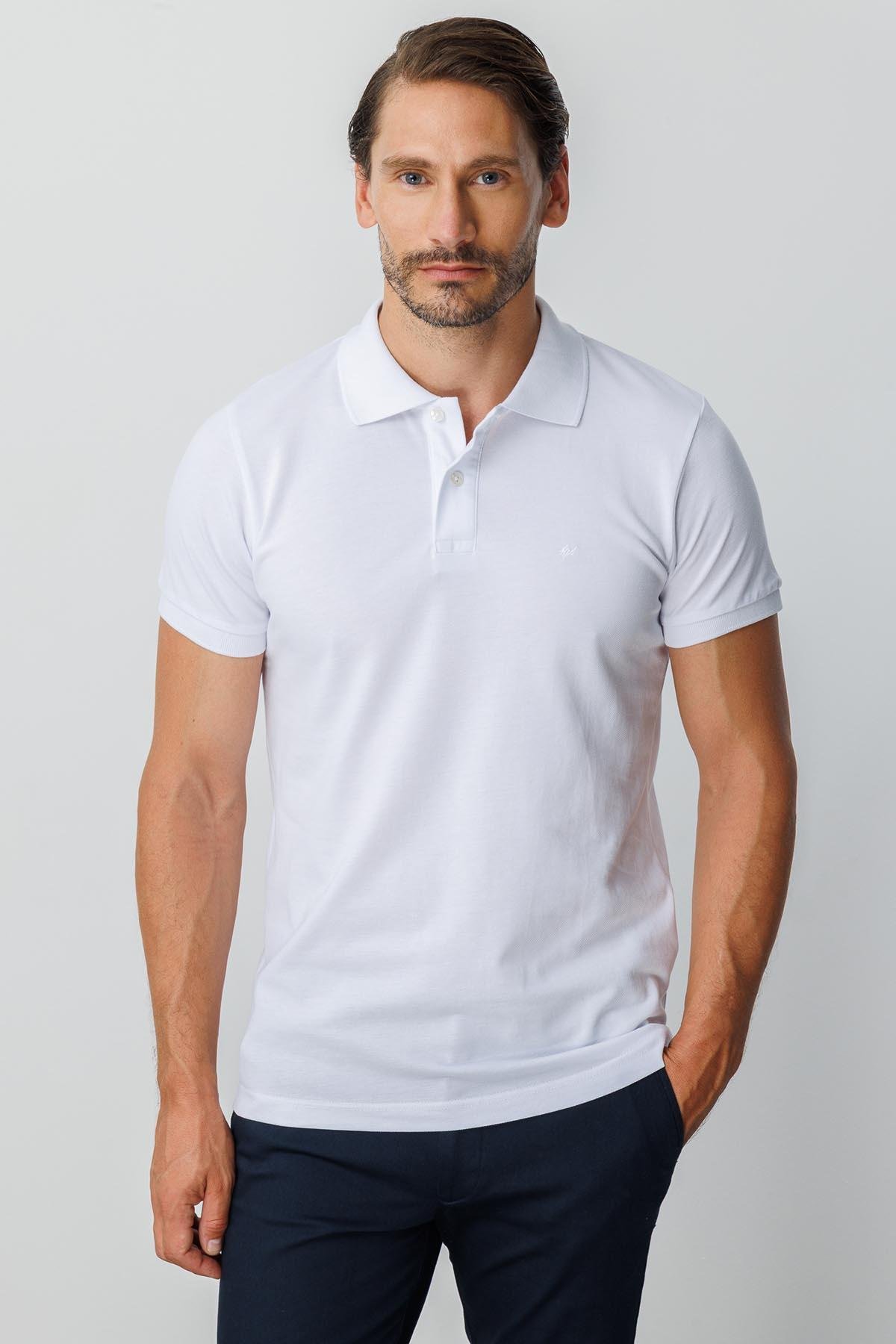 igs Beyaz Modern Fit Dar Kalıp Polo Yaka Düz Kısa Kollu %100 Pamuk Tişört görsel 3