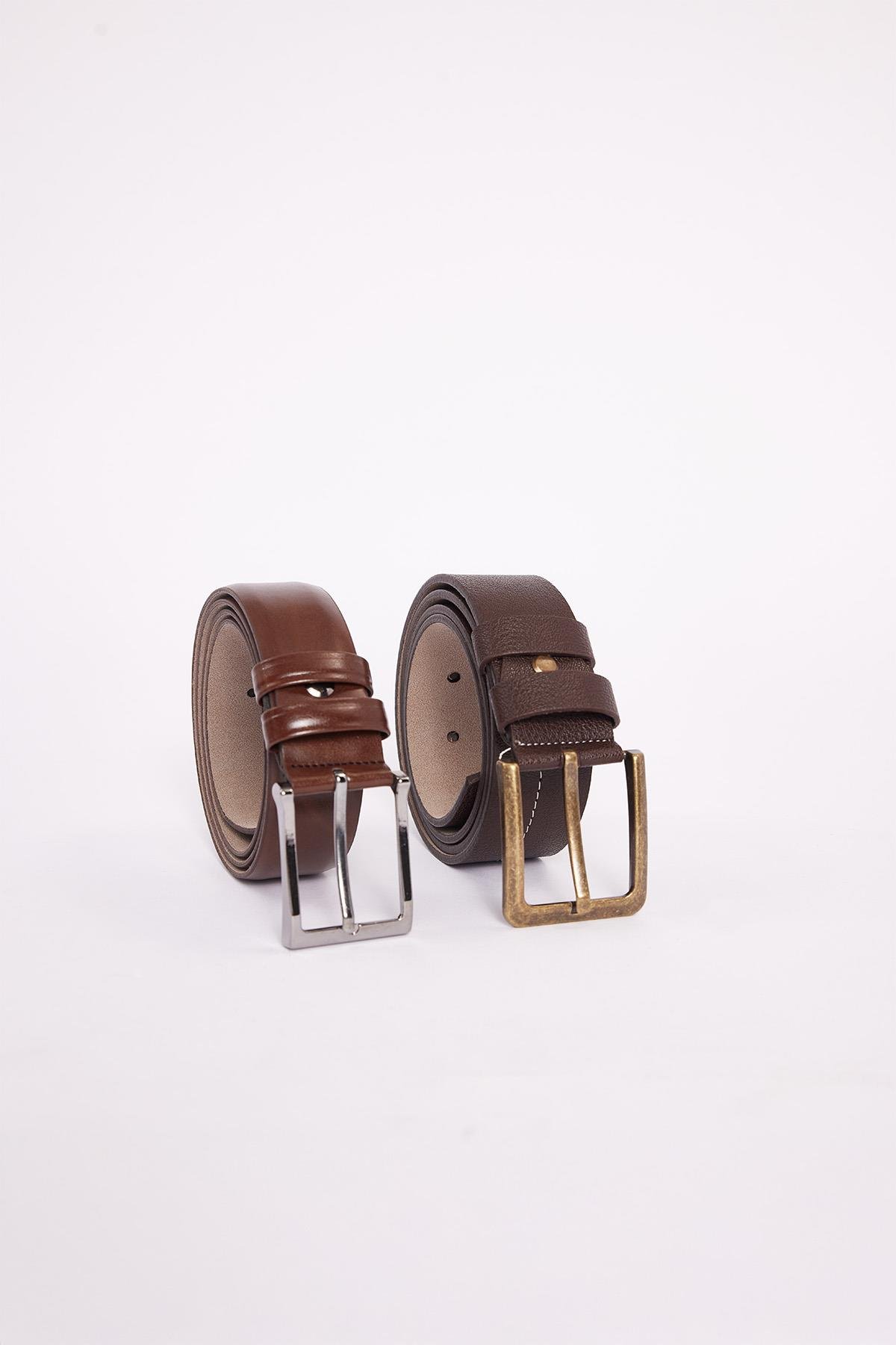 TUDORS Erkek 2'Li Set 3,5 Cm Klasik 4 Cm Spor Kahverengi Kemer