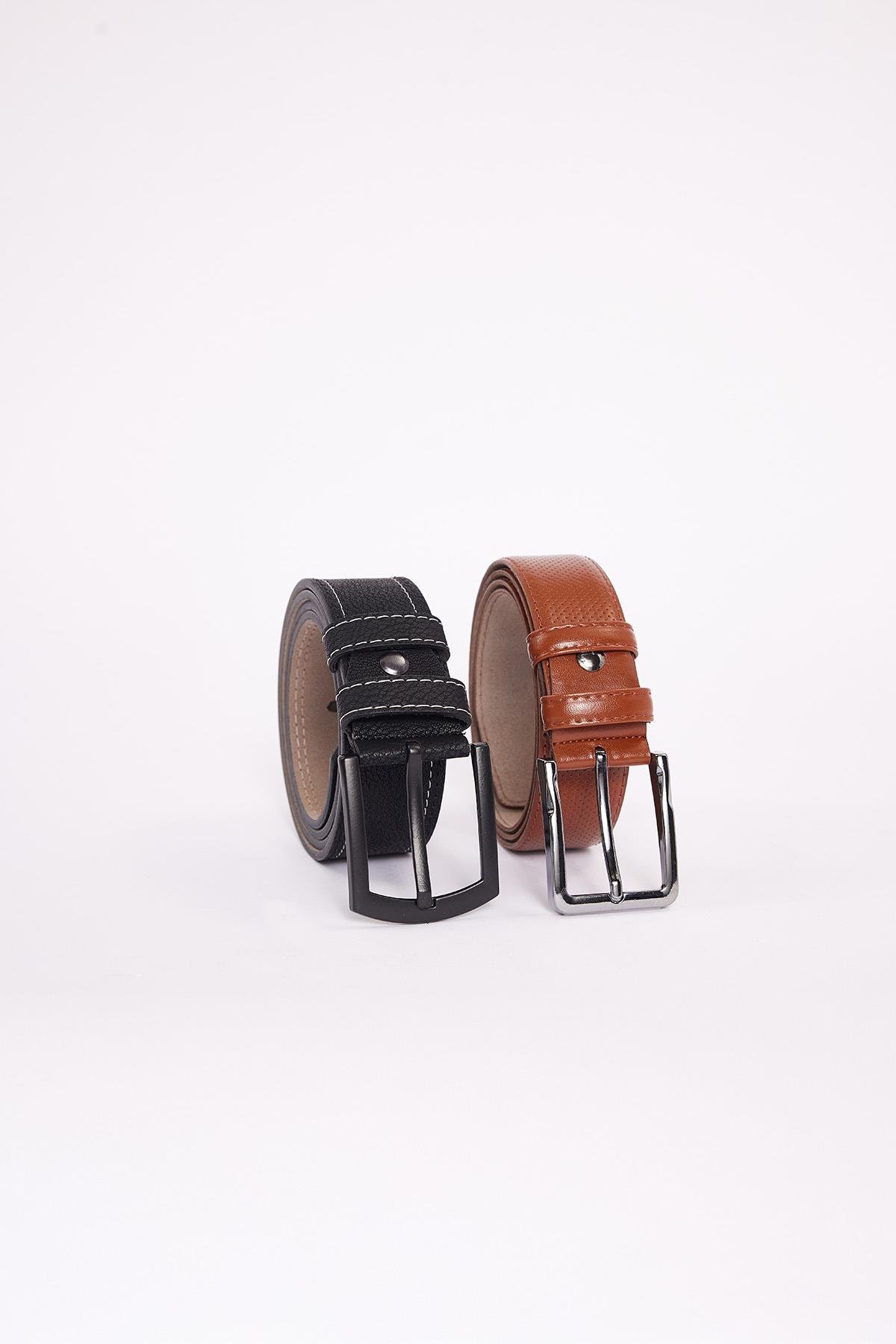 TUDORS Erkek 2'Li Set 3,5 Cm Kahverengi Vegan Deri 4 Cm Spor Siyah Kemer görsel 3