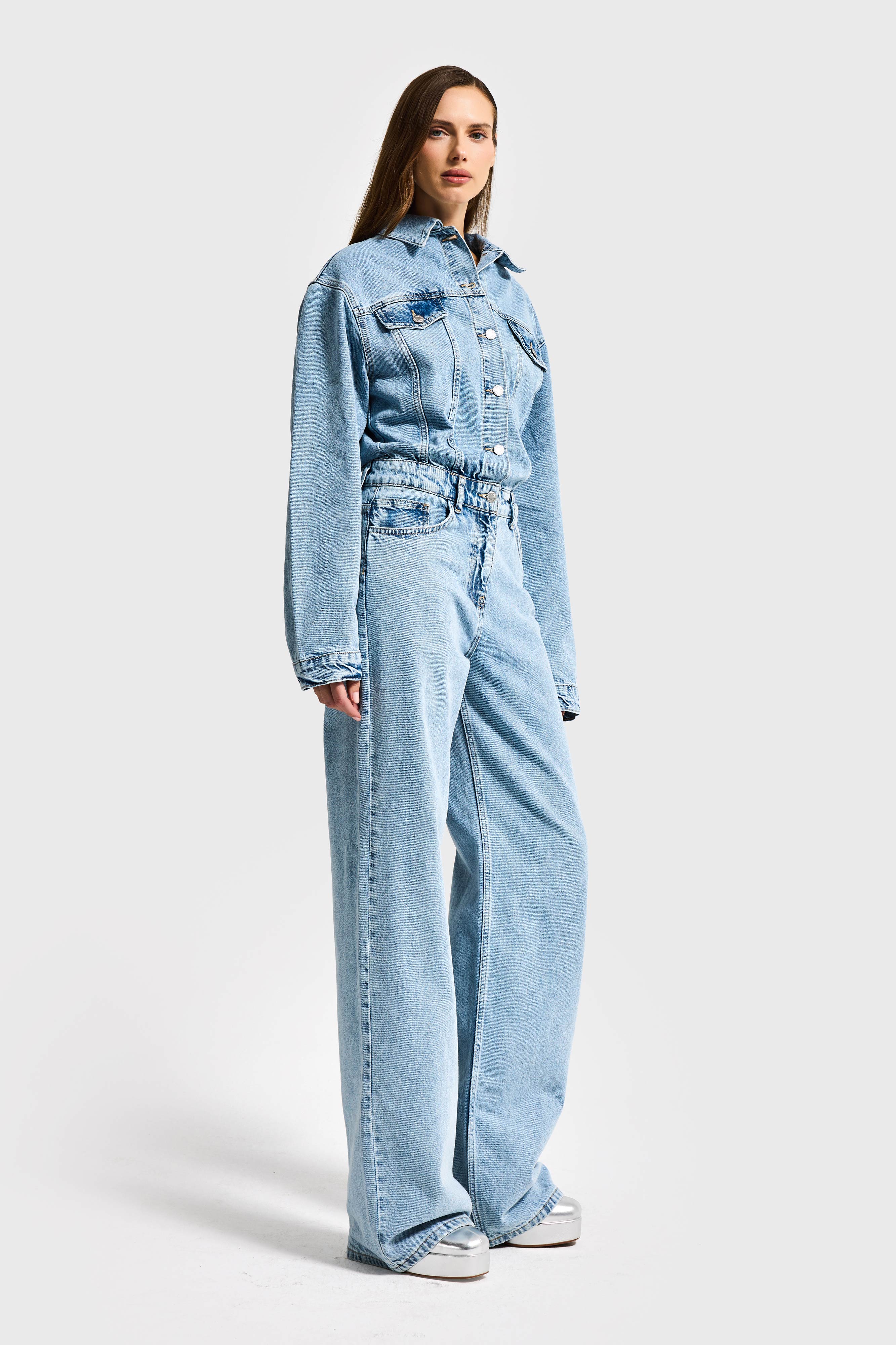 It's Basic Kadın Jean Rengi 3s6-3 Straight Fit %100 Pamuk Denim Tulum