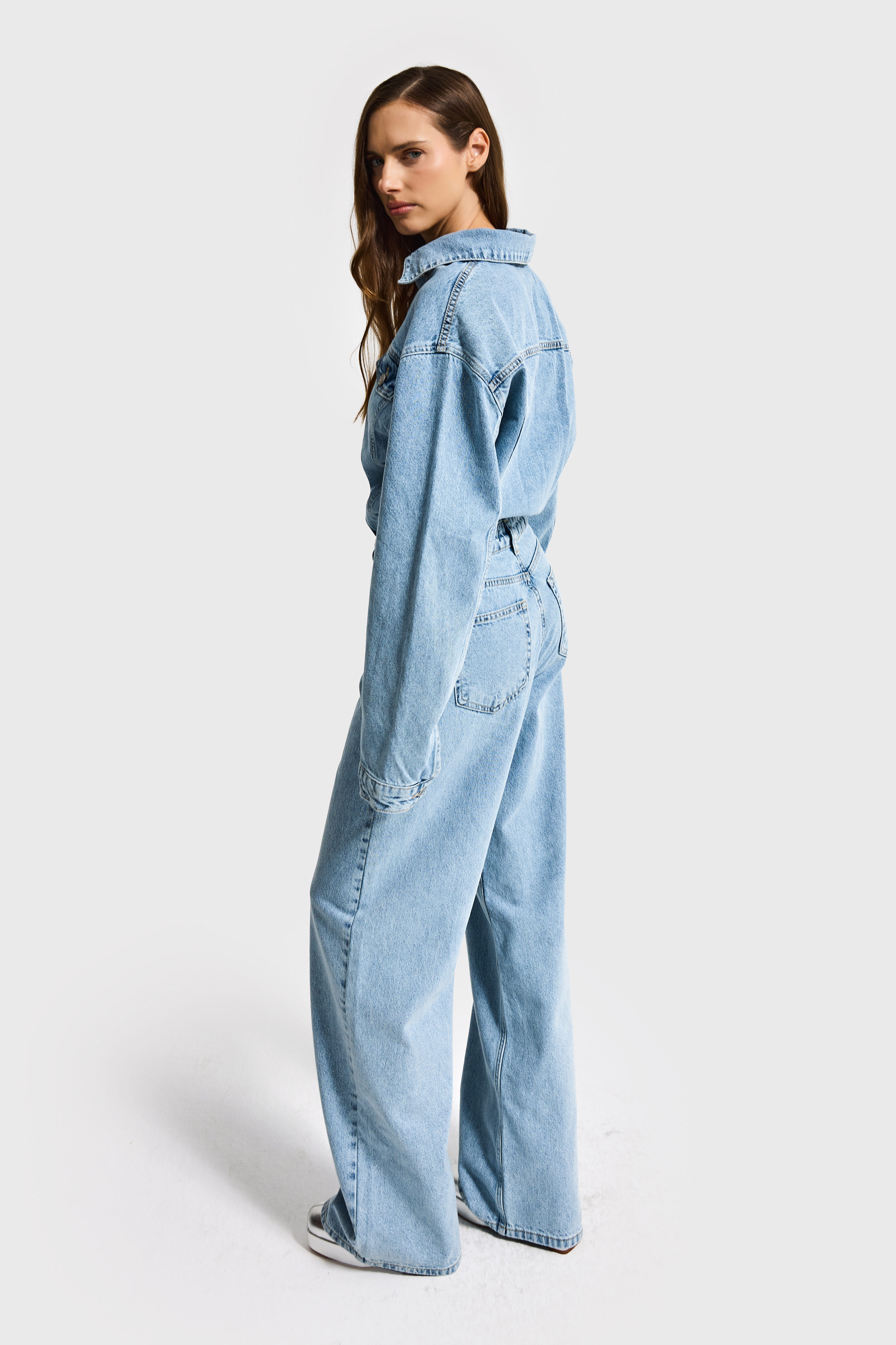It's Basic Kadın Jean Rengi 3s6-3 Straight Fit %100 Pamuk Denim Tulum görsel 4