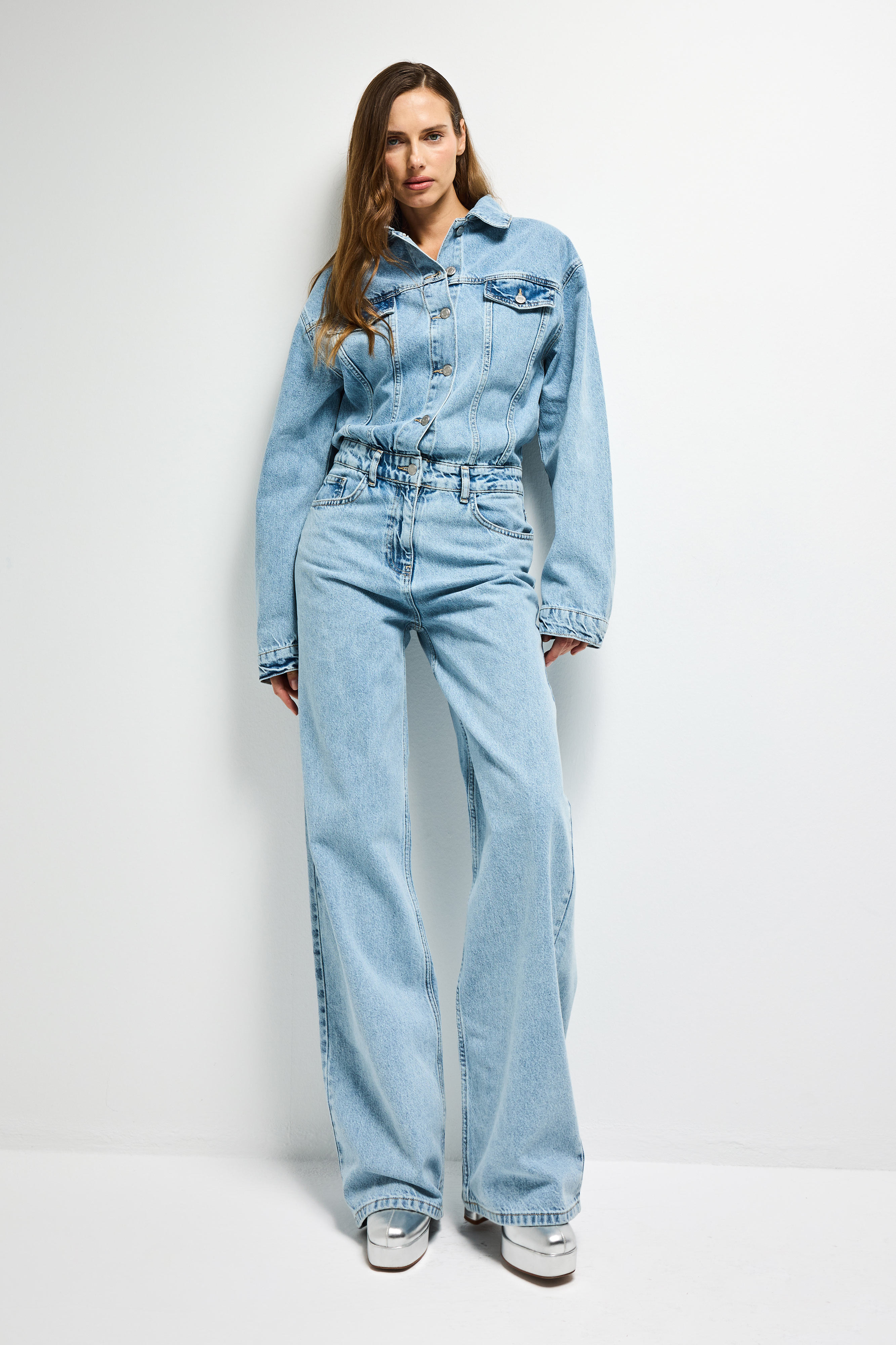 It's Basic Kadın Jean Rengi 3s6-3 Straight Fit %100 Pamuk Denim Tulum görsel 6