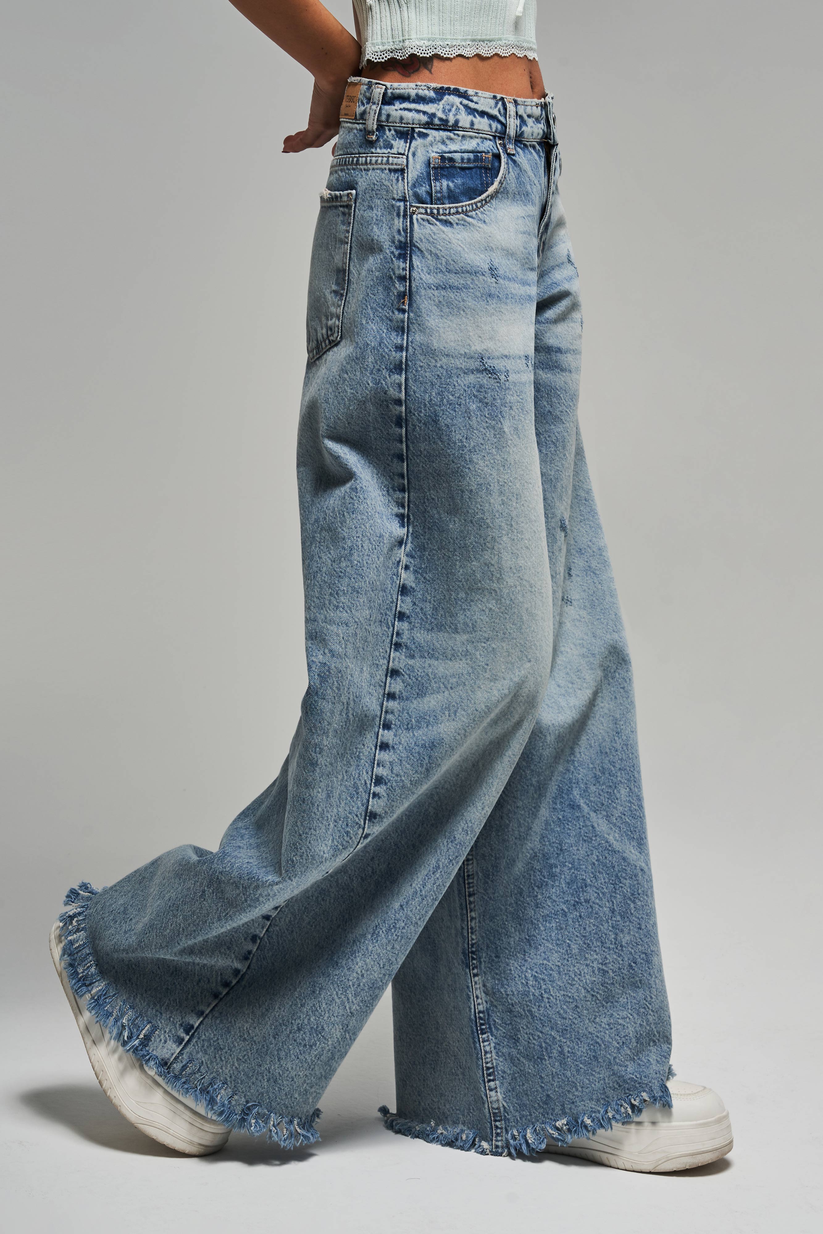 It's Basic Kadın Jean Rengi 12s5-32 Palazzo Fit Paça Püsküllü %100 Pamuk Orta Bel Denim Jean