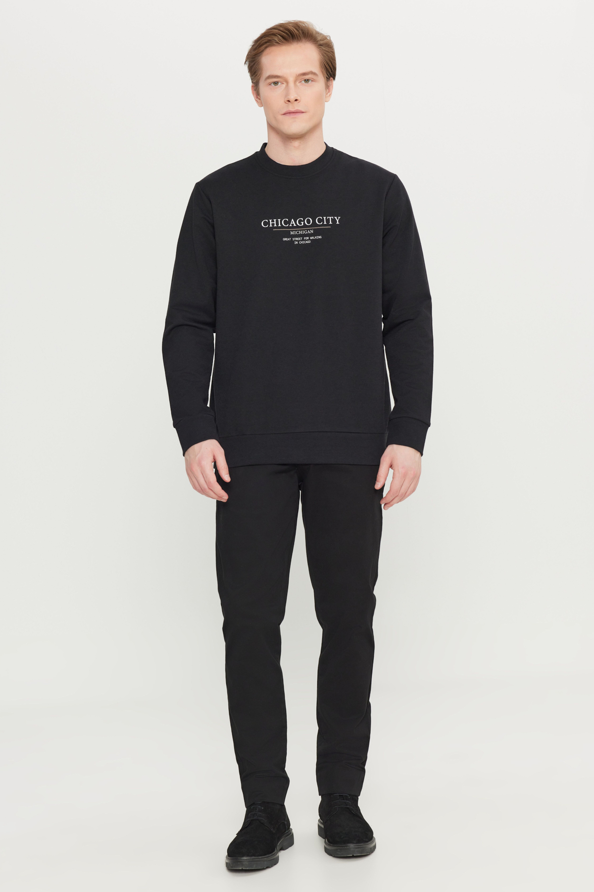 AC&Co / Altınyıldız Classics Erkek Siyah 2 İplik Pamuklu Standart Fit Normal Kesim Bisiklet Yaka Sweatshirt görsel 2