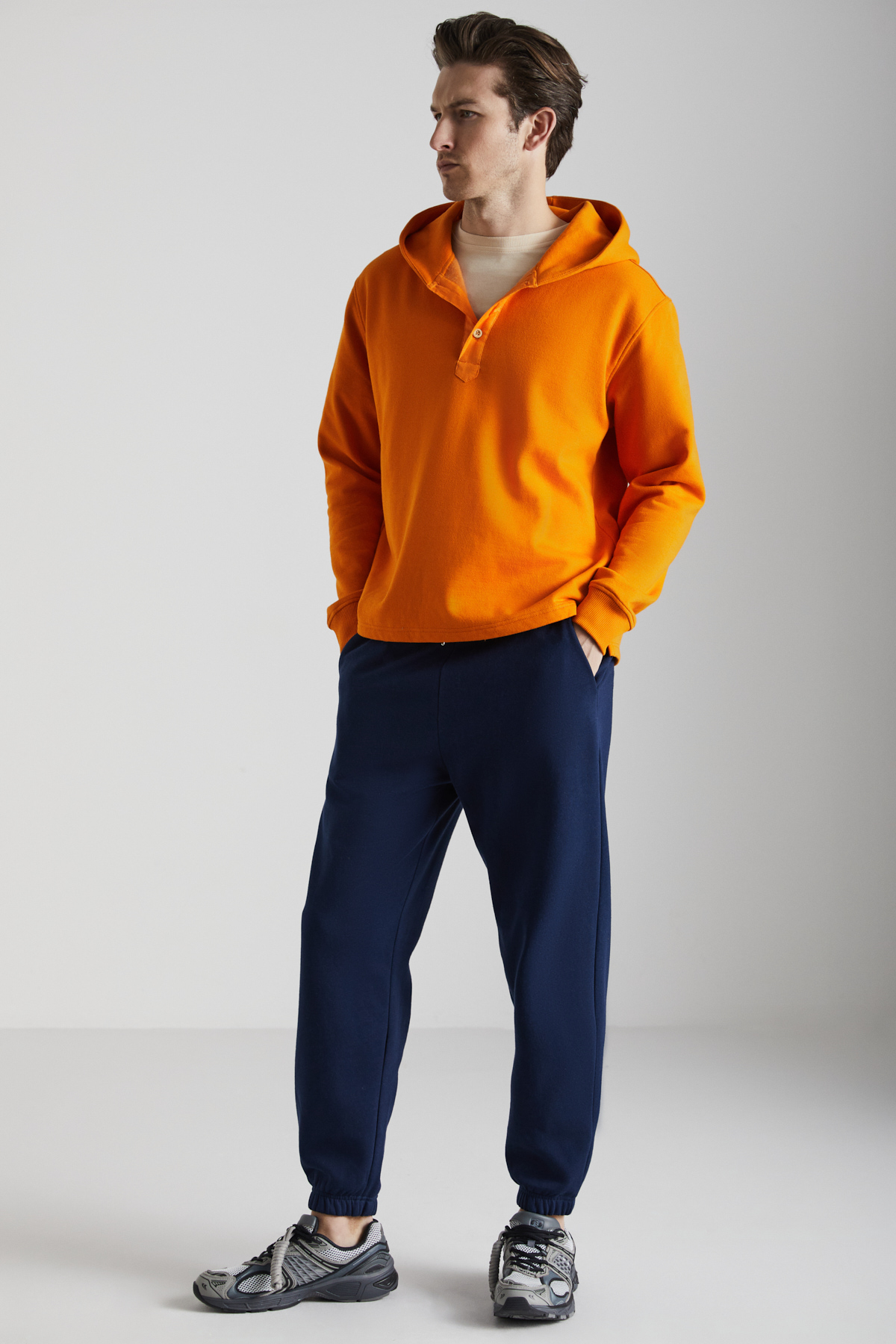 GRIMELANGE KARLO Erkek Pamuklu Kapüşonlu Yakası Düğmeli TURUNCU Sweatshirt