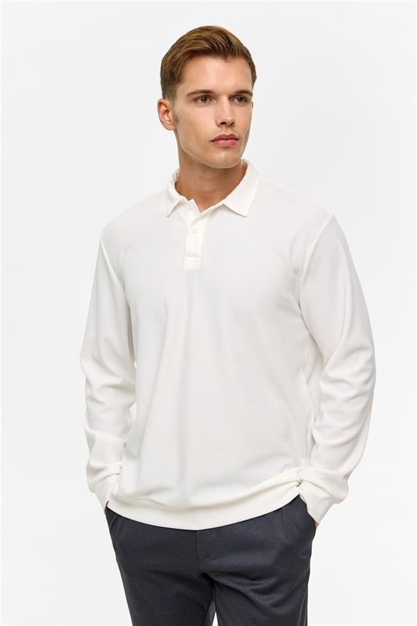 Süvari Beyaz Regular Düz Polo Yaka Sweatshirt