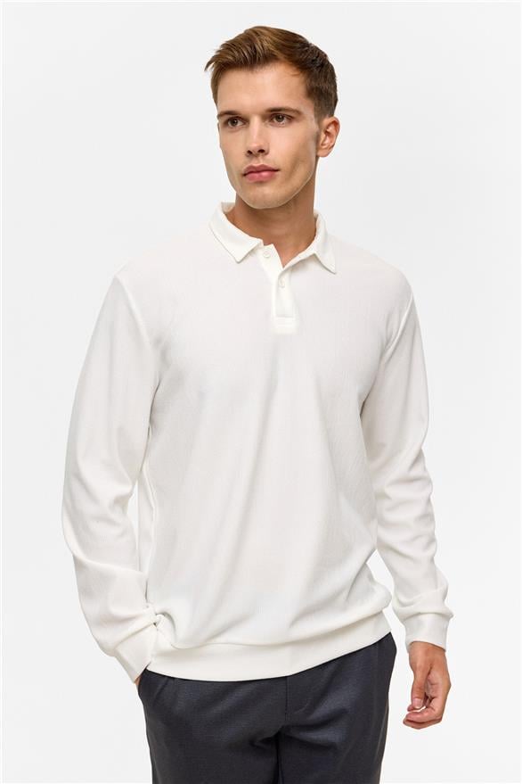 Süvari Beyaz Regular Düz Polo Yaka Sweatshirt görsel 2