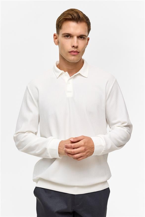 Süvari Beyaz Regular Düz Polo Yaka Sweatshirt görsel 3