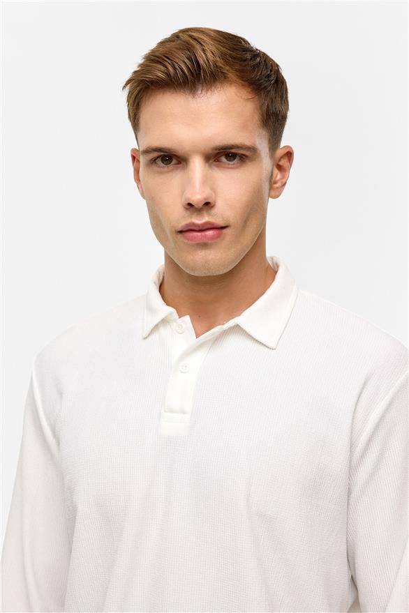 Süvari Beyaz Regular Düz Polo Yaka Sweatshirt görsel 4
