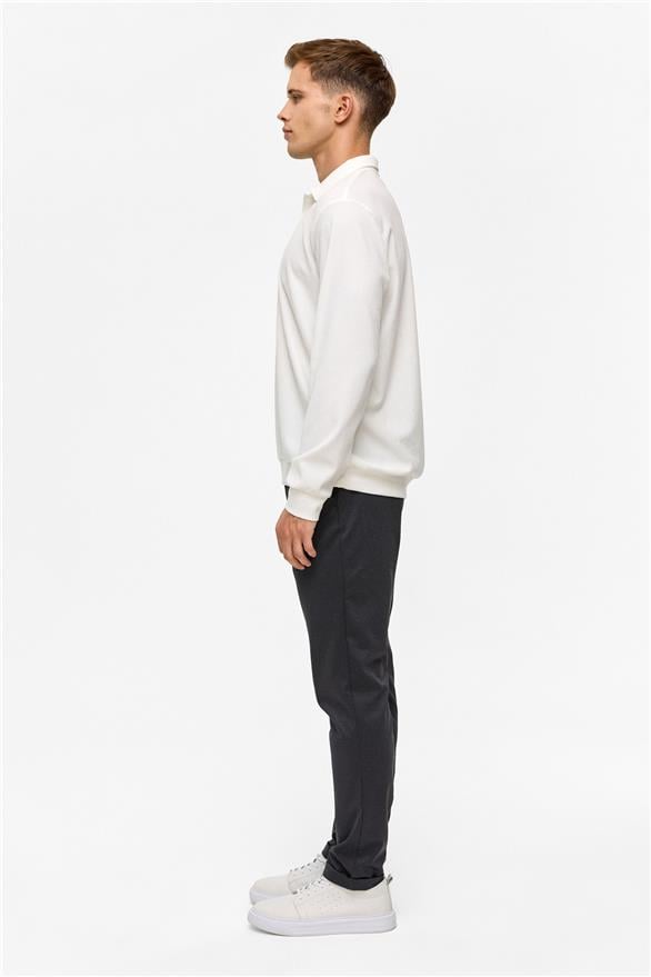 Süvari Beyaz Regular Düz Polo Yaka Sweatshirt görsel 6