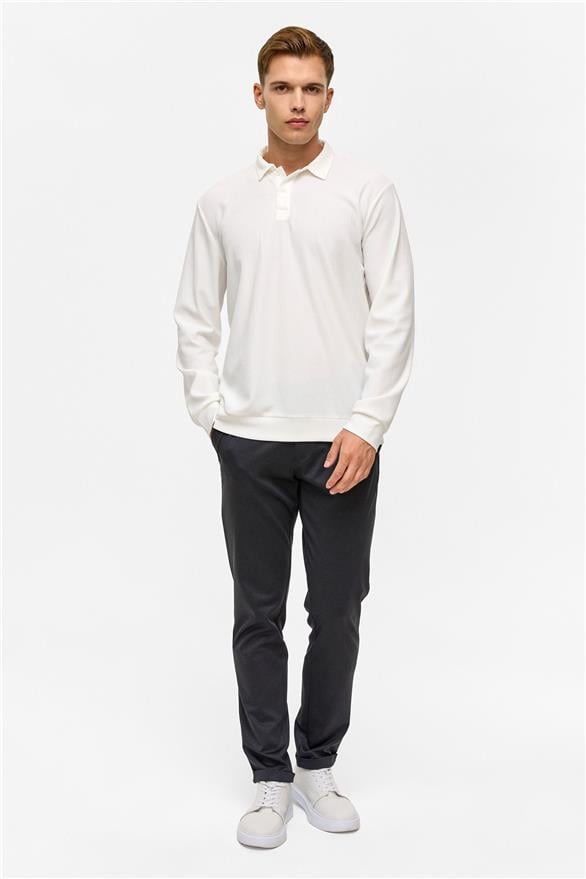 Süvari Beyaz Regular Düz Polo Yaka Sweatshirt görsel 8