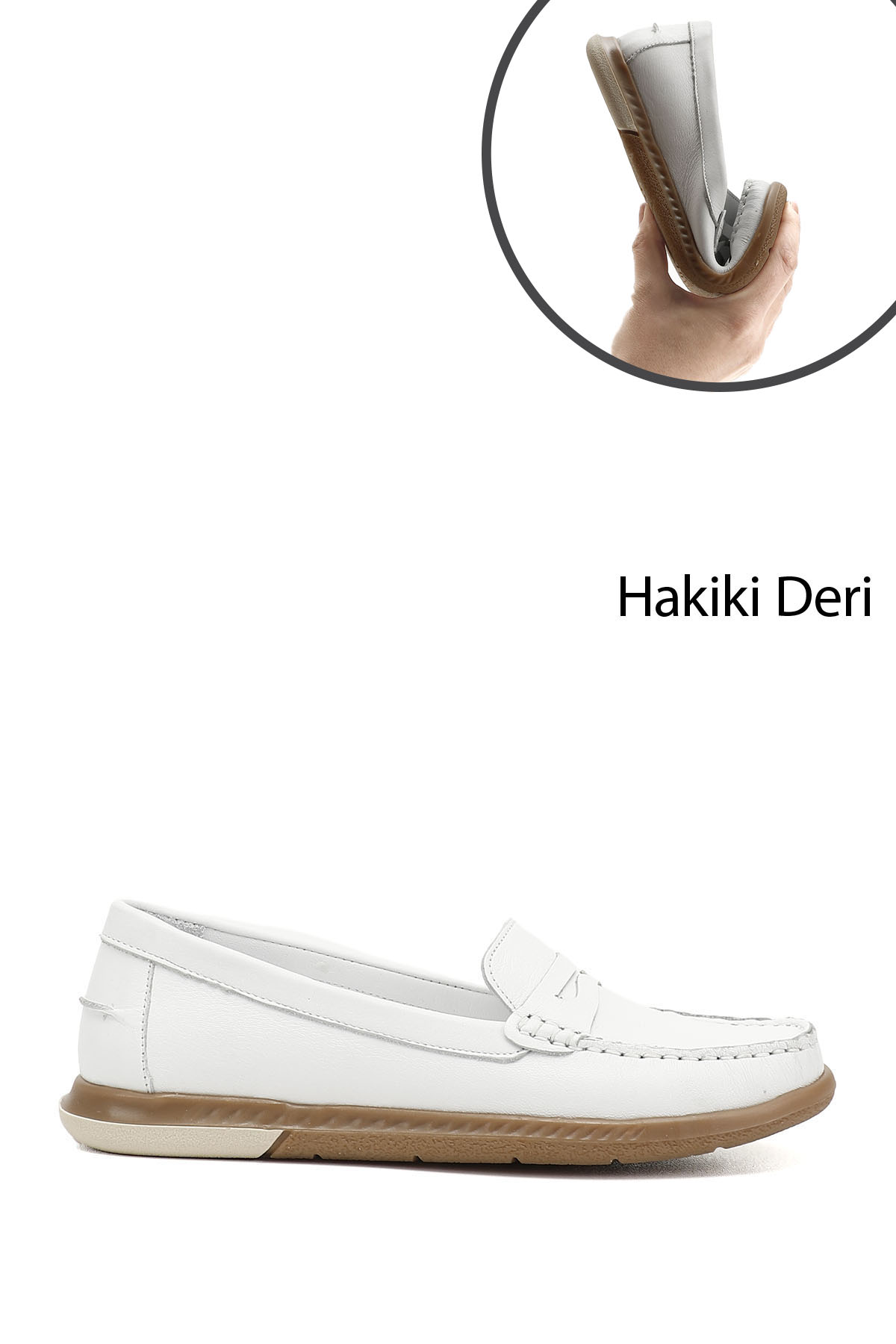 GÖNDERİ(R) Kadın BEYAZ-AÇIK GRİ Rok Hakiki Deri Comfort Loafer