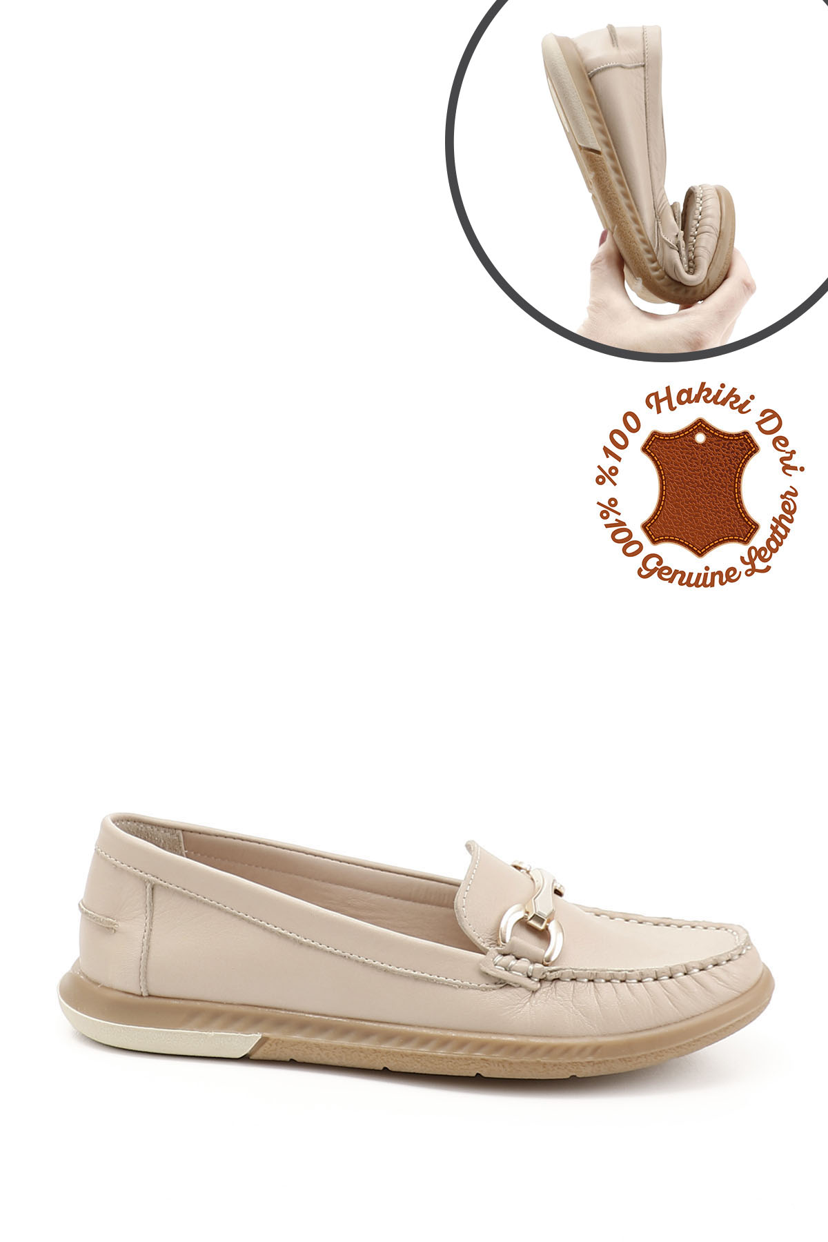 GÖNDERİ(R) Kadın BEJ-TEN RENGİ Tokalı Rok Hakiki Deri Comfort Loafer