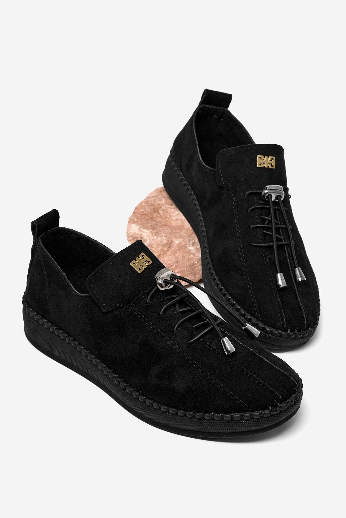 TONNY BLACK Kadın Siyah Rahat Kalıp Taş Detaylı Bağcıklı Loafer görsel 3