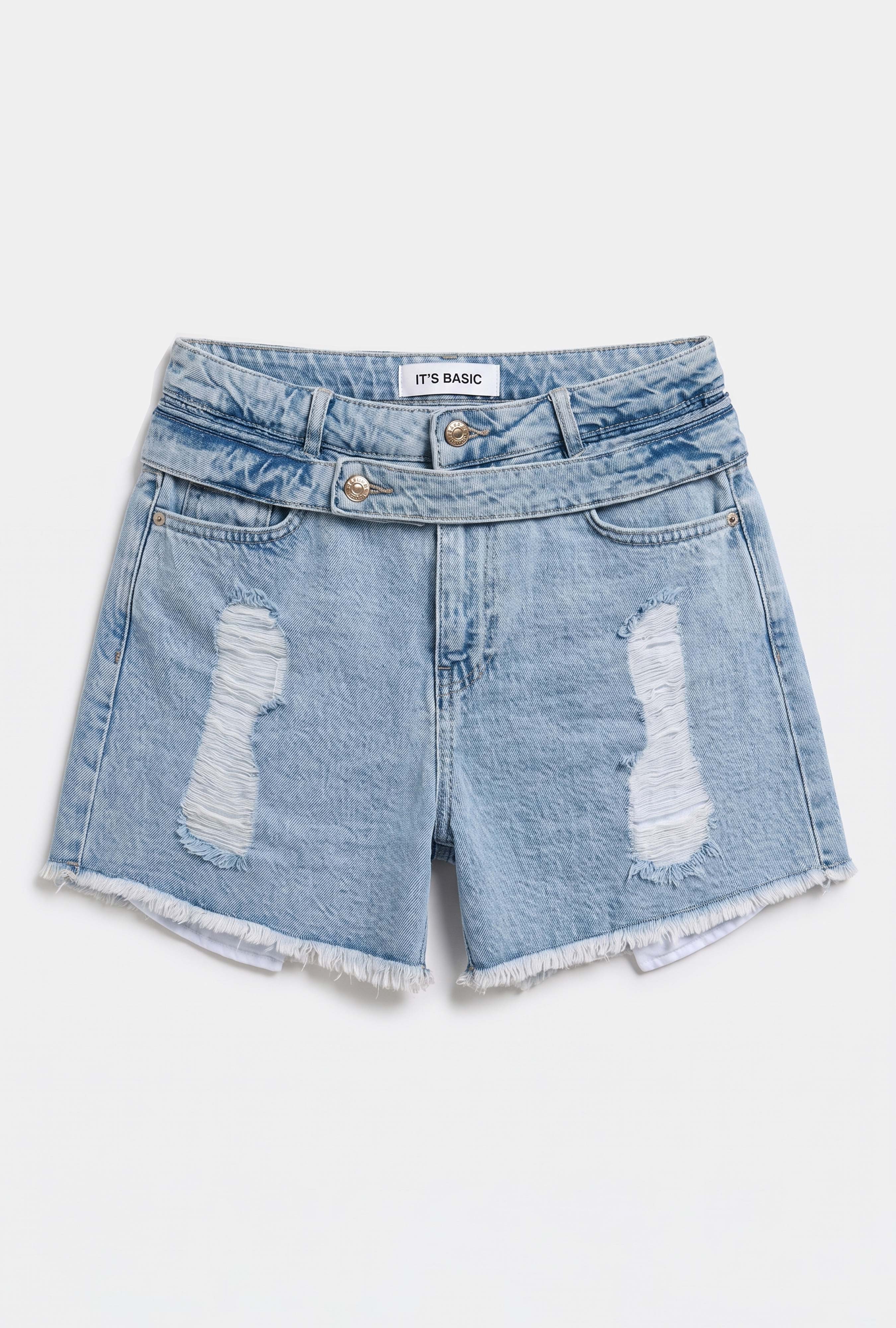 It's Basic Kadın Jean Rengi 11s6-3 Relax Mom Kemer Detaylı Tasarım Denim Şort
