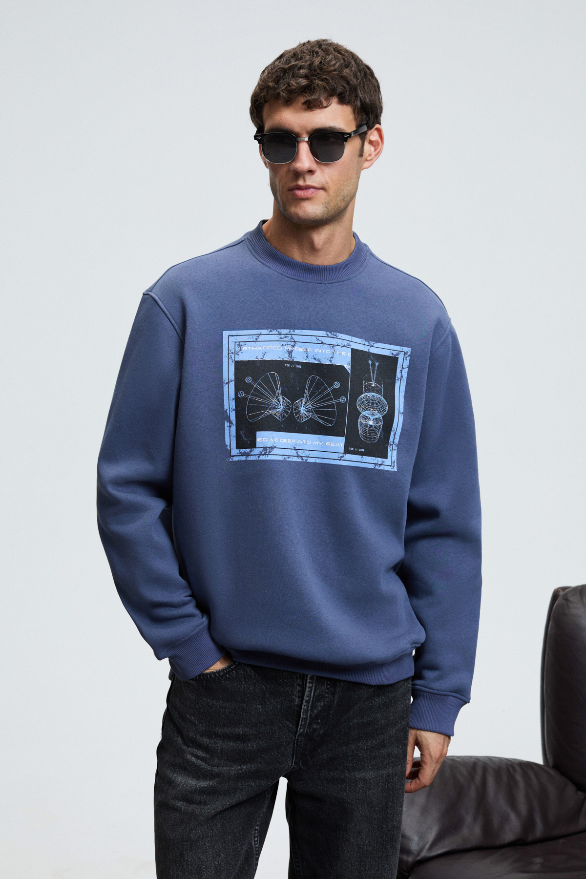 GRIMELANGE LUCIAN Erkek Göğsü Ve Sırtı Baskılı Yuvarlak Yaka Regular Fit İNDİGO Sweatshirt